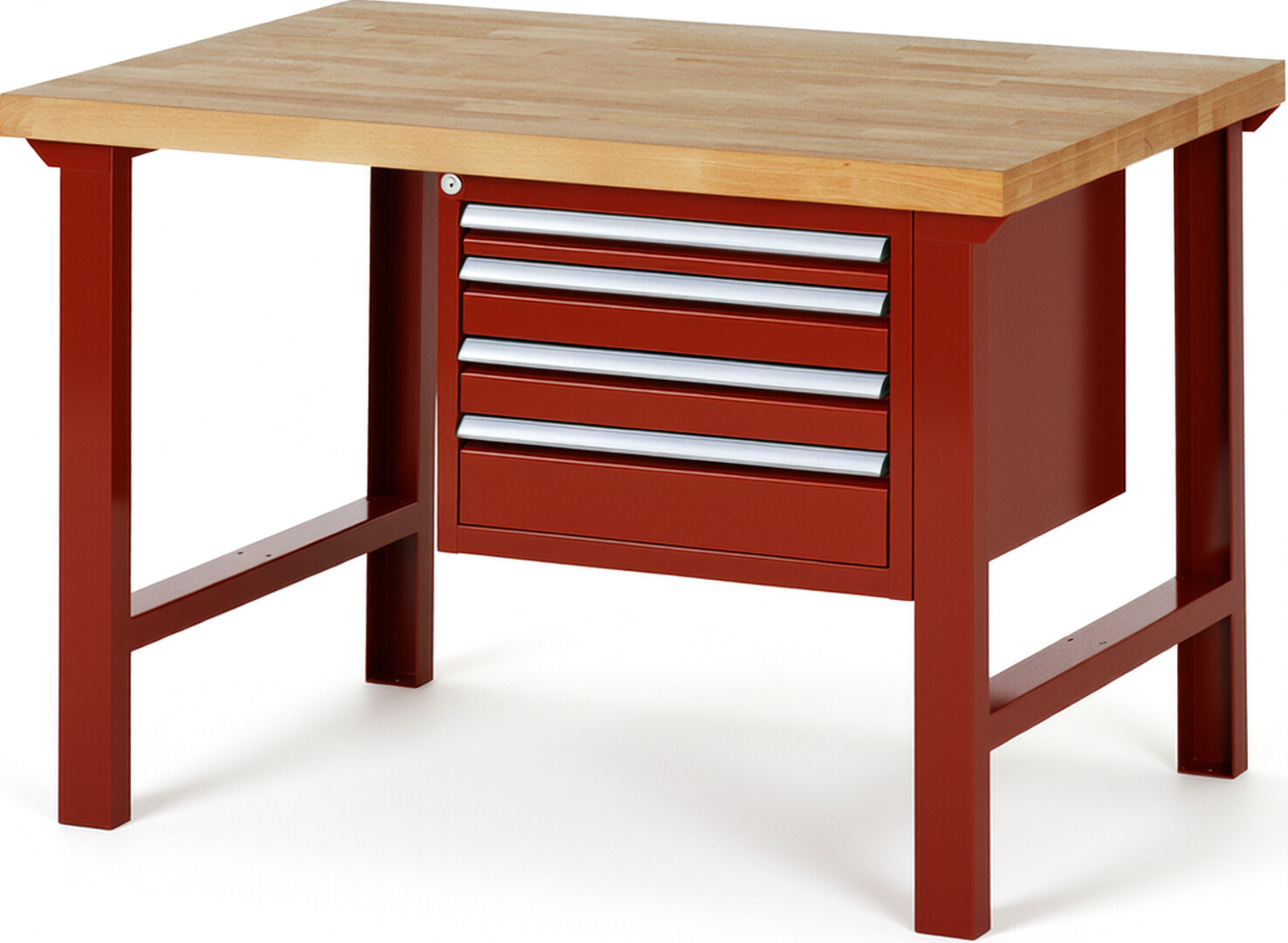 Werkbank Modell 7132 rot, BxTxH 1250x900x840 mm,  Buche-Massiv Arbeitsplatte 40 mm,  4 Schubladen mit  Auszug 90 %