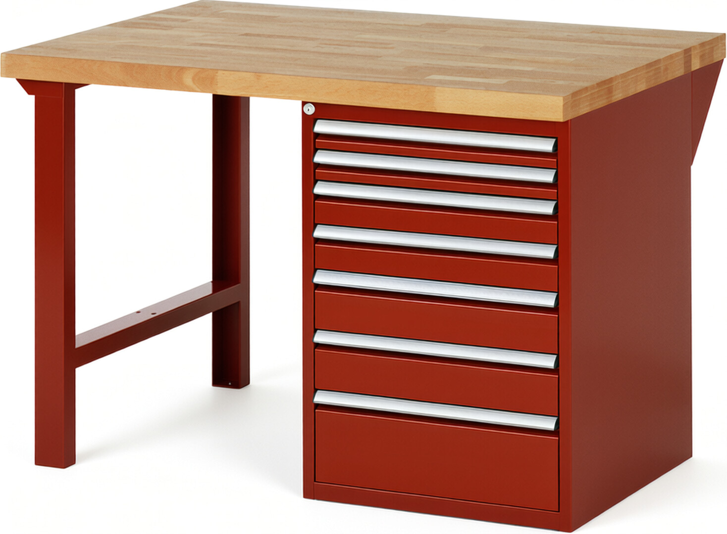 Werkbank Modell 7517 rot, BxTxH 1250x900x890 mm,  Buche-Massiv Arbeitsplatte 40 mm,  7 Schubladen mit  Vollauszug 100 % und  SoftClosing