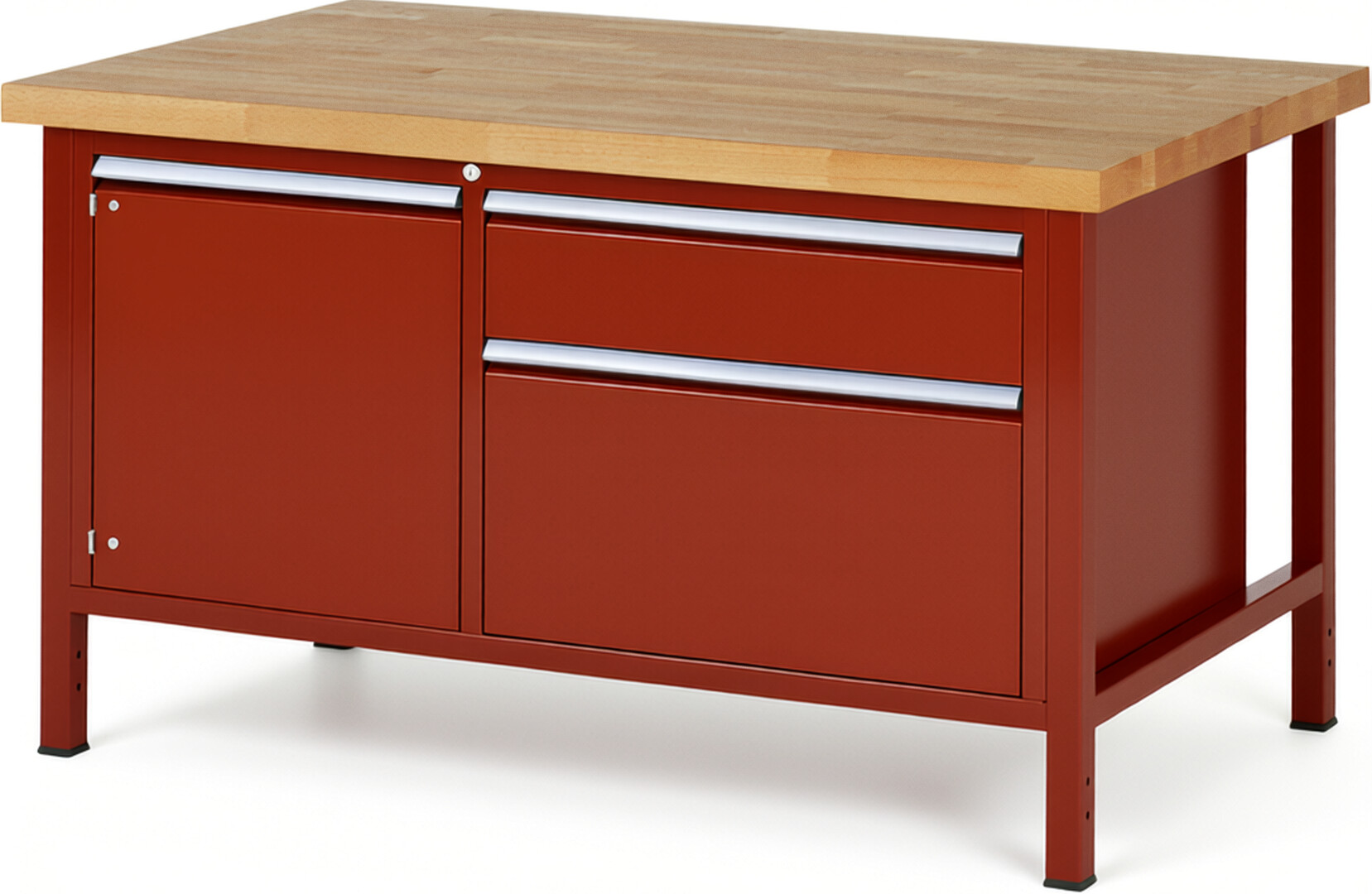 Werkbank Modell 8651 rot, BxTxH 1500x900x840 mm,  Buche-Massiv Arbeitsplatte 40 mm,  2 Schubladen mit  Auszug 90 %
