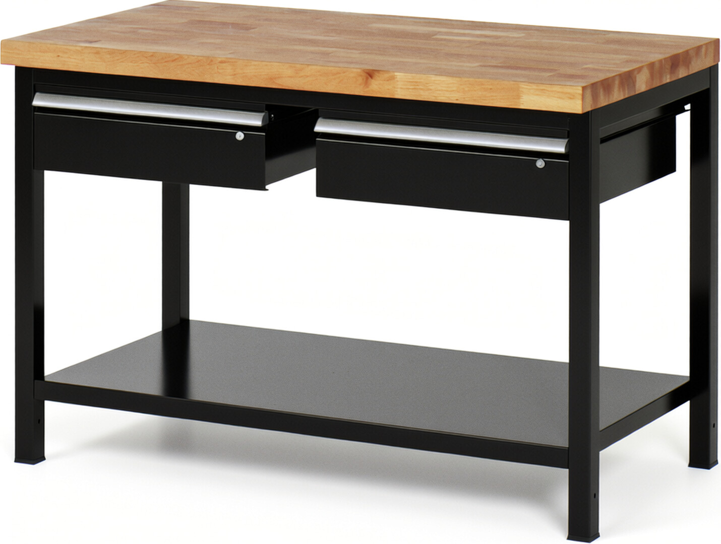Werkbank Modell 8002 schwarz, BxTxH 1250x700x840-1040 mm,  Buche-Massiv Arbeitsplatte 40 mm,  2 Schubladen mit  Auszug 90 %