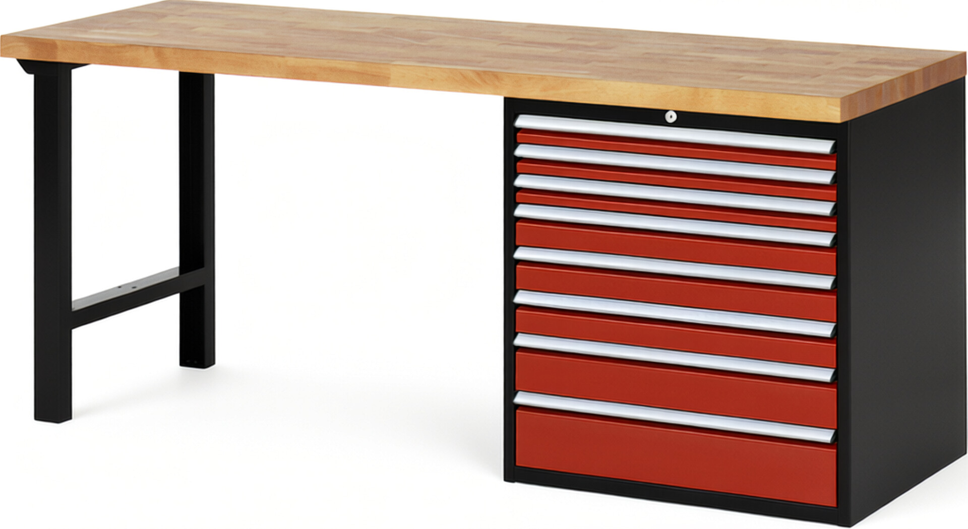 RAU Werkbank schwarz - rot - Breite 200 cm - Tiefe 70 cm - Höhe 89 cm - Buche-Massiv Arbeitsplatte 40 mm