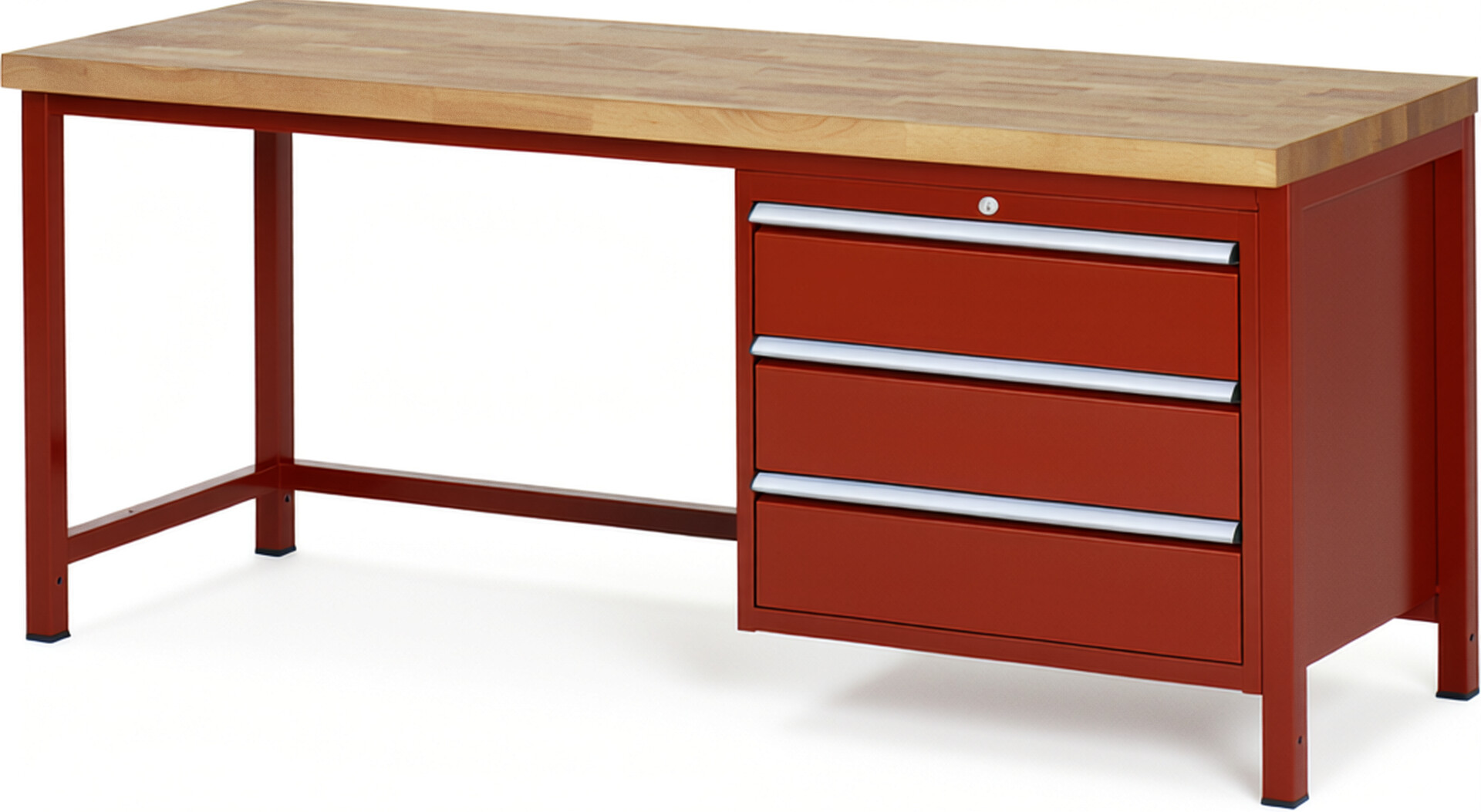 Werkbank Modell 8257 rot, BxTxH 2000x700x840-1040 mm,  Buche-Massiv Arbeitsplatte 40 mm,  3 Schubladen mit  Vollauszug 100 % und  SoftClosing