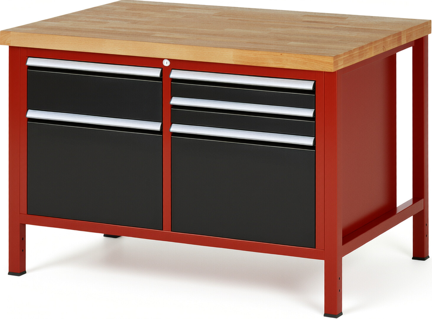 Werkbank Modell 8472 rot - schwarz, BxTxH 1250x900x840 mm,  Buche-Massiv Arbeitsplatte 40 mm,  5 Schubladen mit  Vollauszug 100 % und  SoftClosing