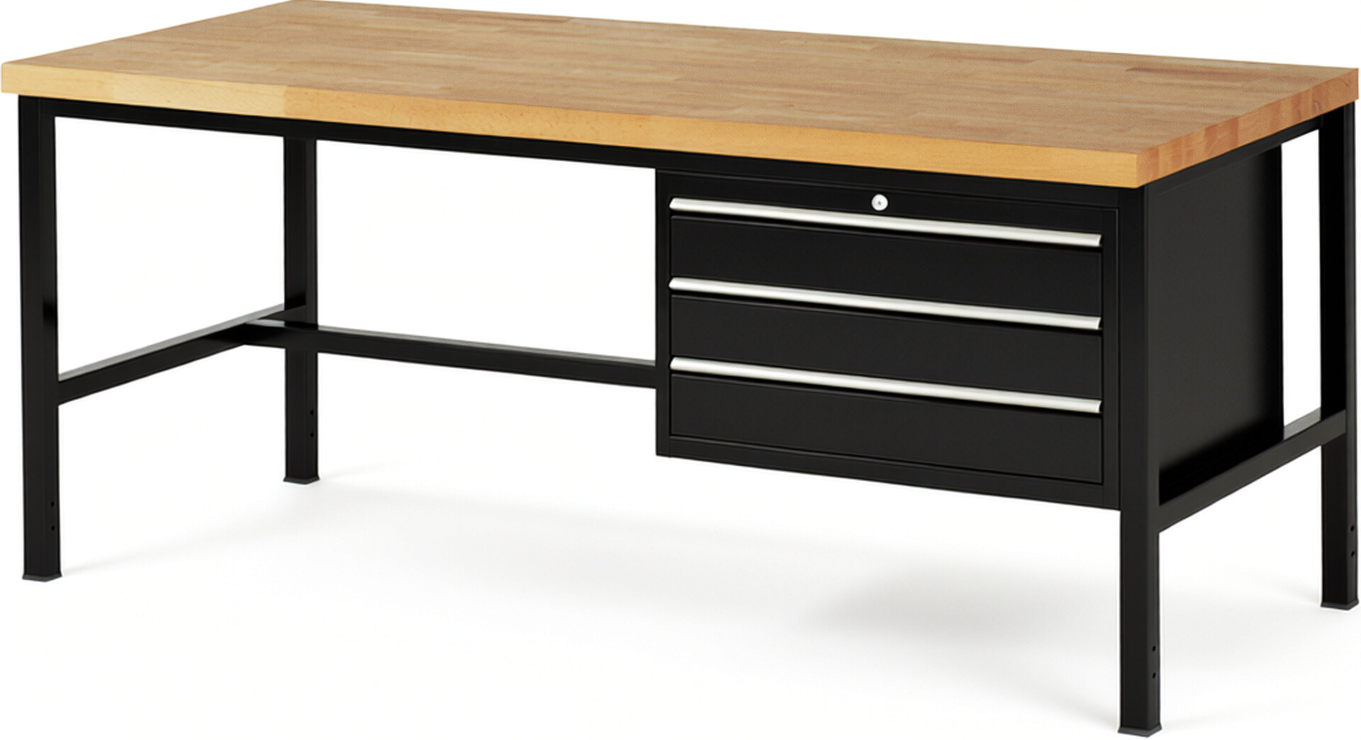 Werkbank Modell 8227 schwarz, BxTxH 2000x900x840 mm,  Buche-Massiv Arbeitsplatte 40 mm,  3 Schubladen mit  Vollauszug 100 % und  SoftClosing