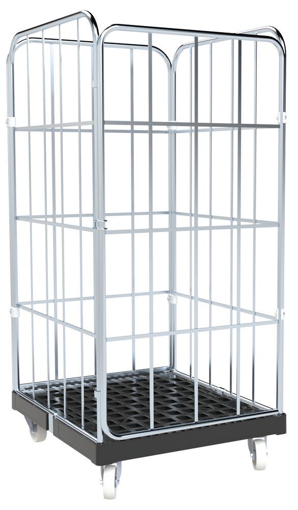 Rollbox, 4-seitig, 1-teilige Vorderwand BxTxH 845x724x1530 mm, Bodenplatte recyl. Kunststoff, RAL 9005 tiefschwarz