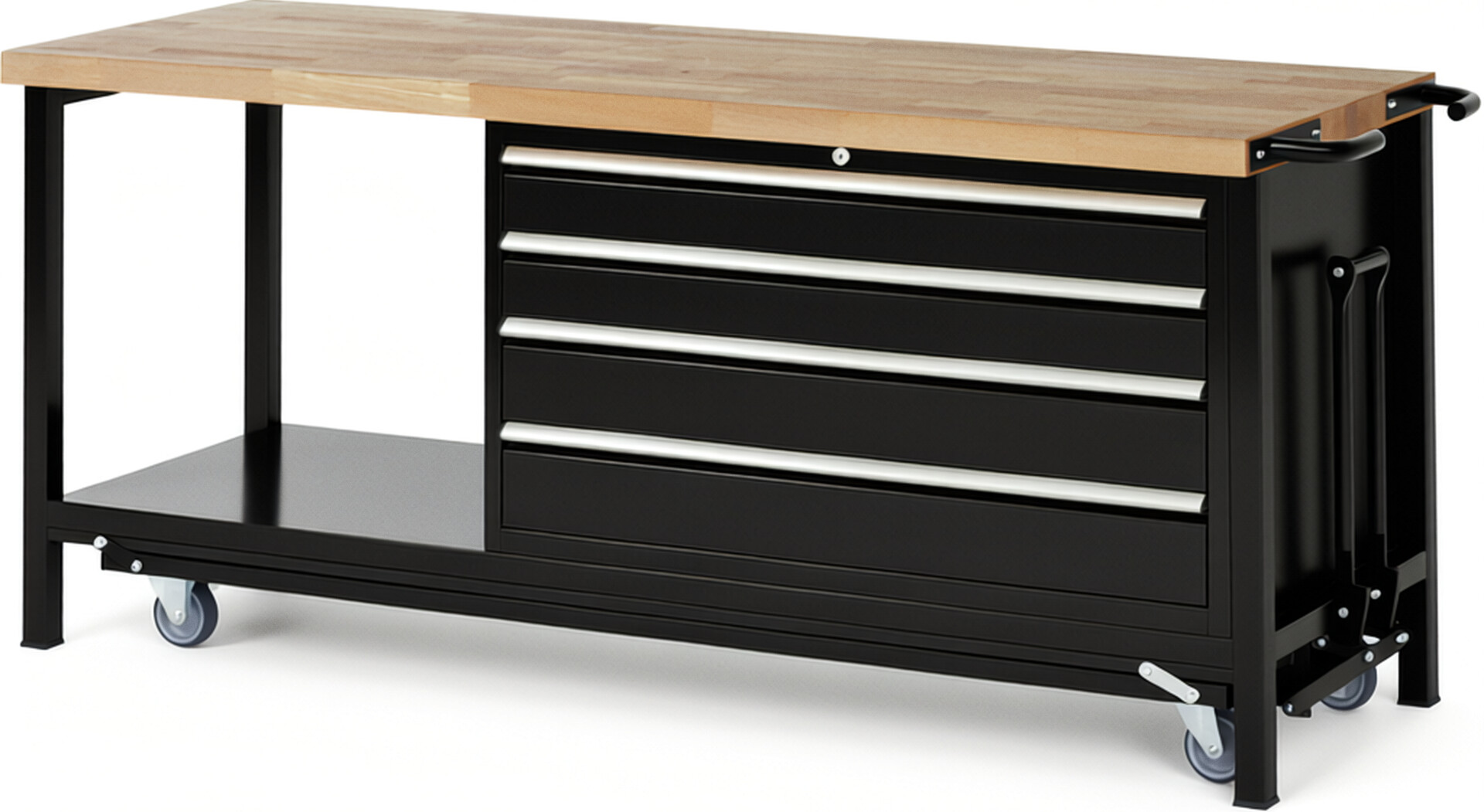 Absenkbare Werkbank Modell 8362 schwarz, BxTxH 2000x700x880 mm,  Buche-Massiv Arbeitsplatte 40 mm,  4 Schubladen mit  Auszug 90 %