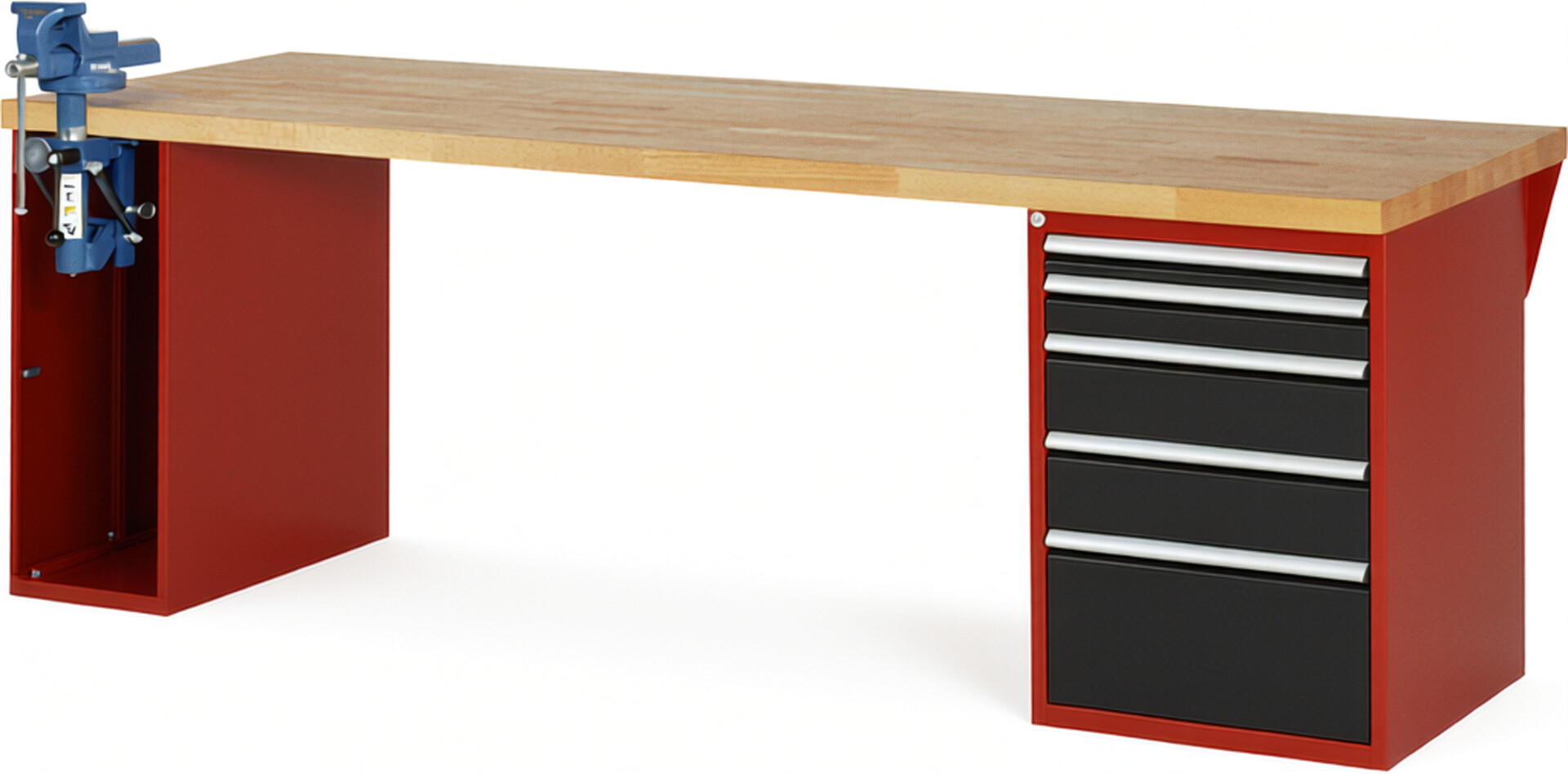 Werkbank Modell 7511 rot - schwarz, BxTxH 2500x900x890 mm,  Buche-Massiv Arbeitsplatte 40 mm,  5 Schubladen mit  Auszug 90 %