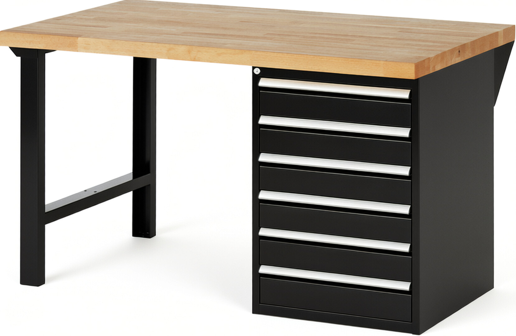 Werkbank Modell 7516 schwarz, BxTxH 1500x900x890 mm,  Buche-Massiv Arbeitsplatte 40 mm,  6 Schubladen mit  Vollauszug 100 % und  SoftClosing