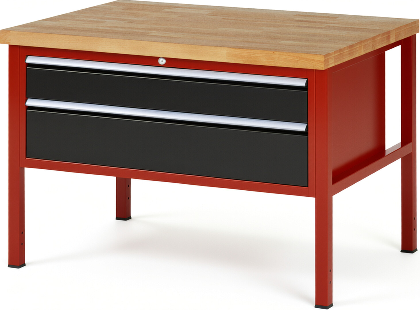 Werkbank Modell 8323 rot - schwarz, BxTxH 1250x900x840 mm,  Buche-Massiv Arbeitsplatte 40 mm,  2 Schubladen mit  Auszug 90 %