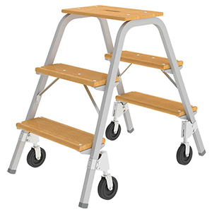 Trittleiter, Stufentritt, Arbeitshöhe 2,6 m, 3 Stufen, Gewicht 13,7 kg, mit 4 Brems-Bockrollen für Längsfahrtrichtung