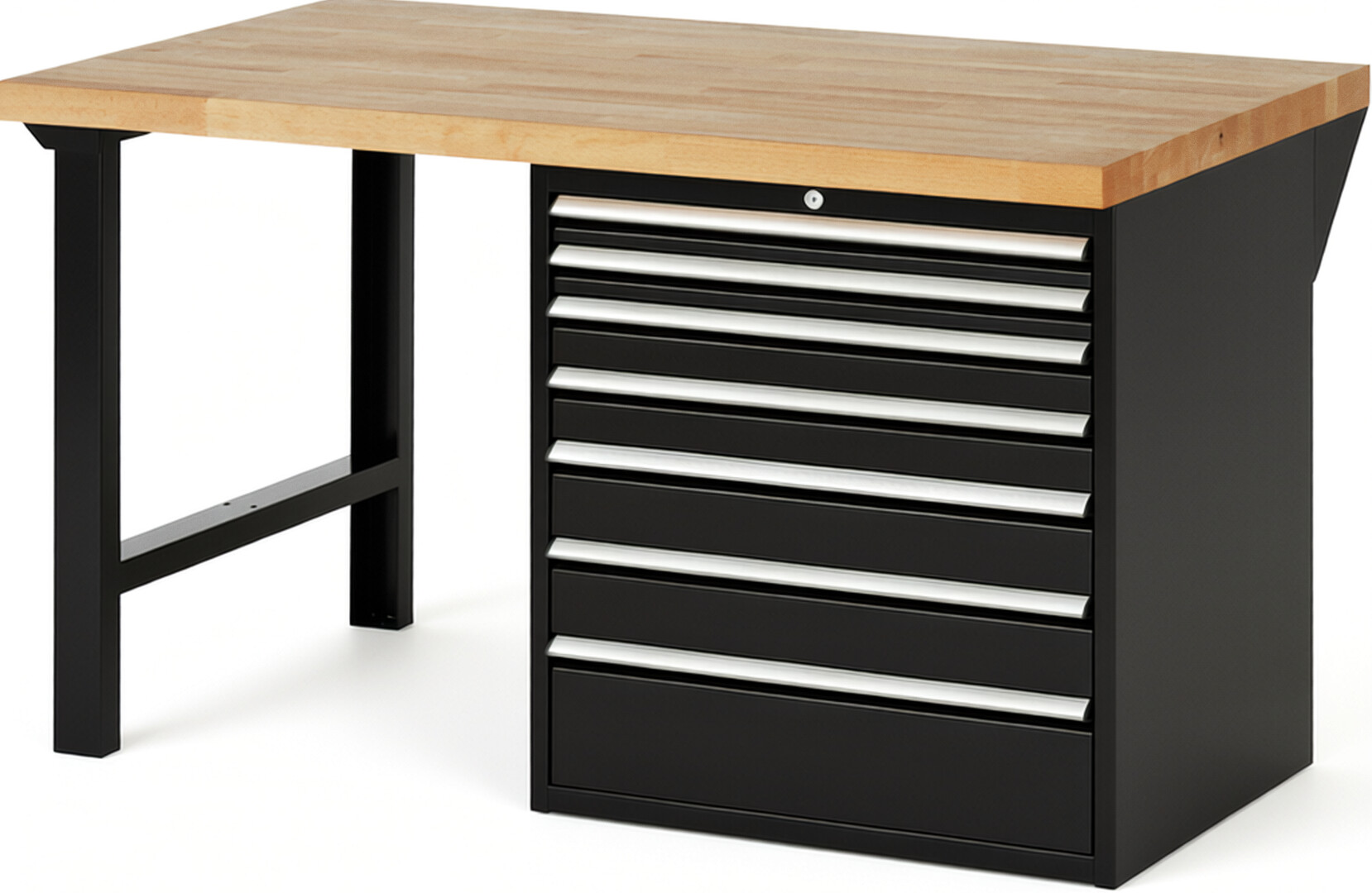 Werkbank Modell 7617 schwarz, BxTxH 1500x900x890 mm,  Buche-Massiv Arbeitsplatte 40 mm,  7 Schubladen mit  Auszug 90 %