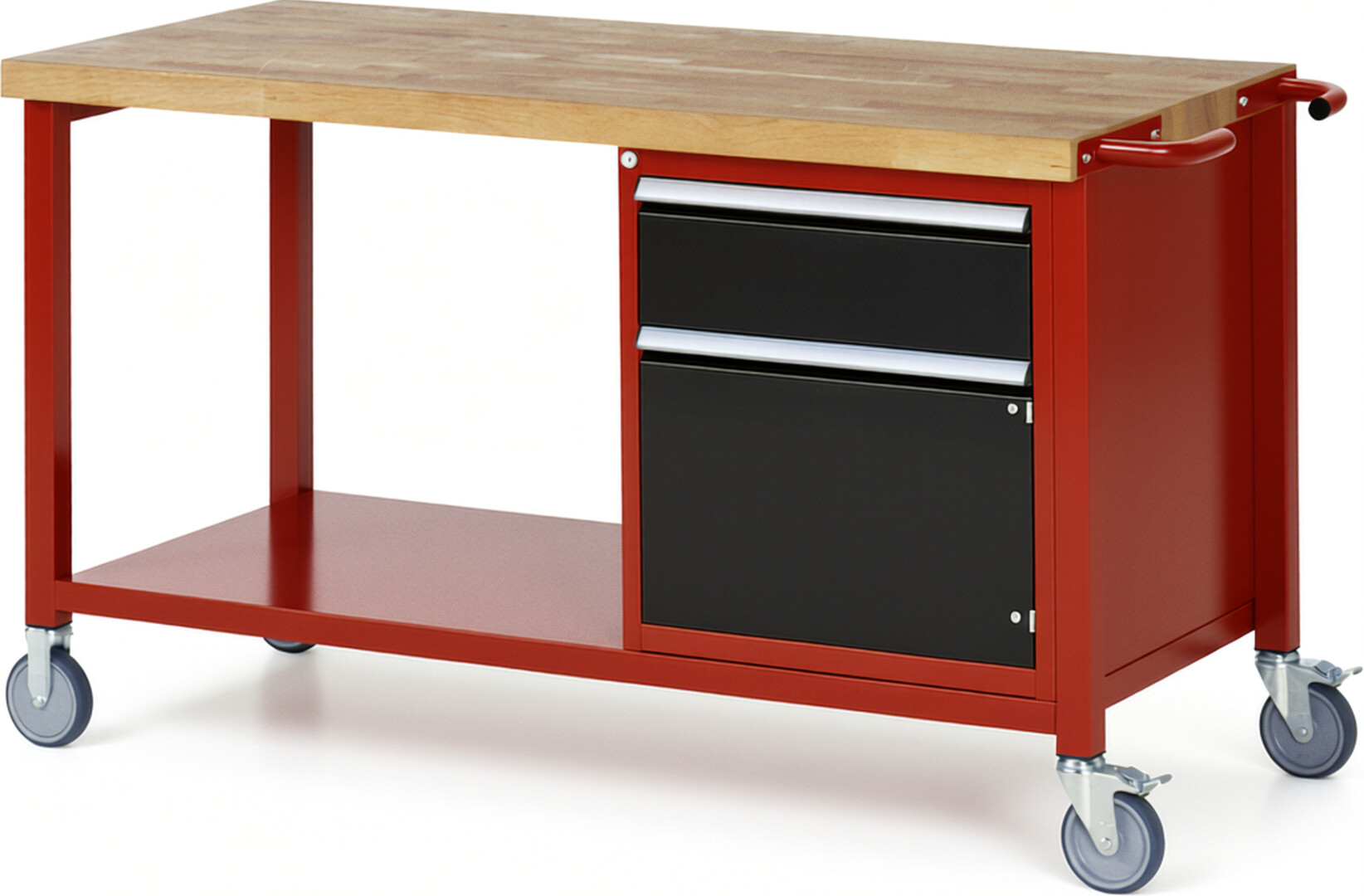 Fahrbare Werkbank Modell 8152 rot - schwarz, BxTxH 1500x700x880-1080 mm,  Buche-Massiv Arbeitsplatte 40 mm,  1 Schublade mit  Vollauszug 100 % und  SoftClosing