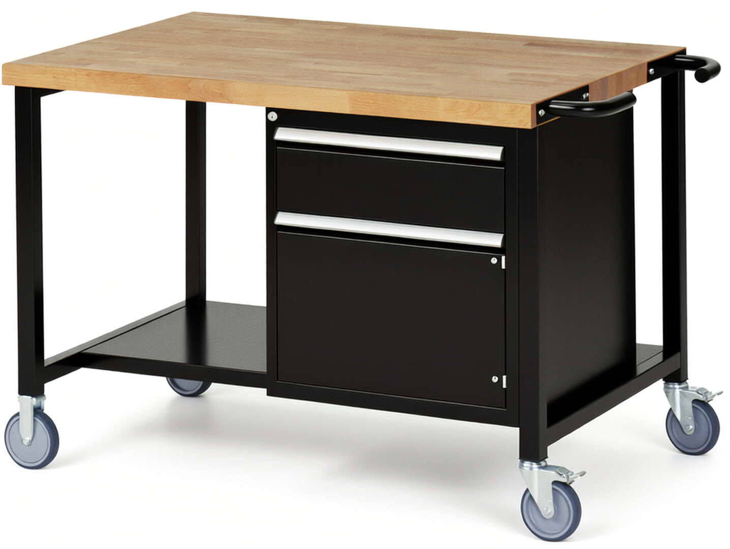 Fahrbare Werkbank Modell 8152 schwarz, BxTxH 1250x900x880 mm,  Buche-Massiv Arbeitsplatte 40 mm,  1 Schublade mit  Vollauszug 100 % und  SoftClosing