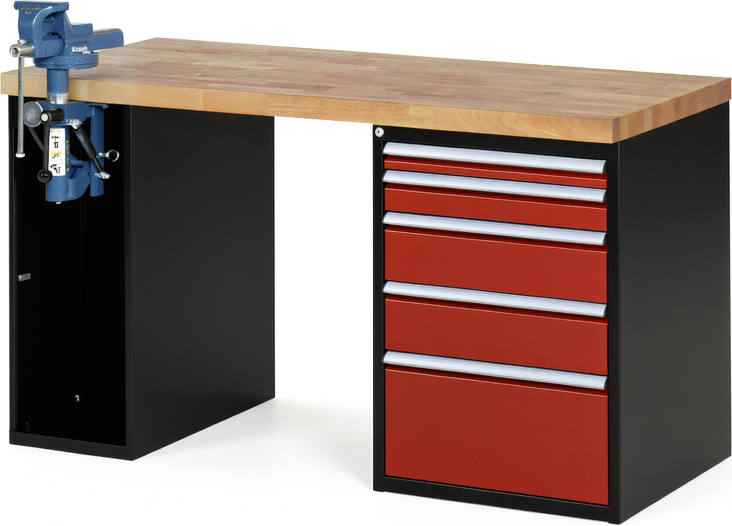 RAU Werkbank schwarz - rot - Breite 150 cm - Tiefe 70 cm - Höhe 89 cm - Buche-Massiv Arbeitsplatte 40 mm