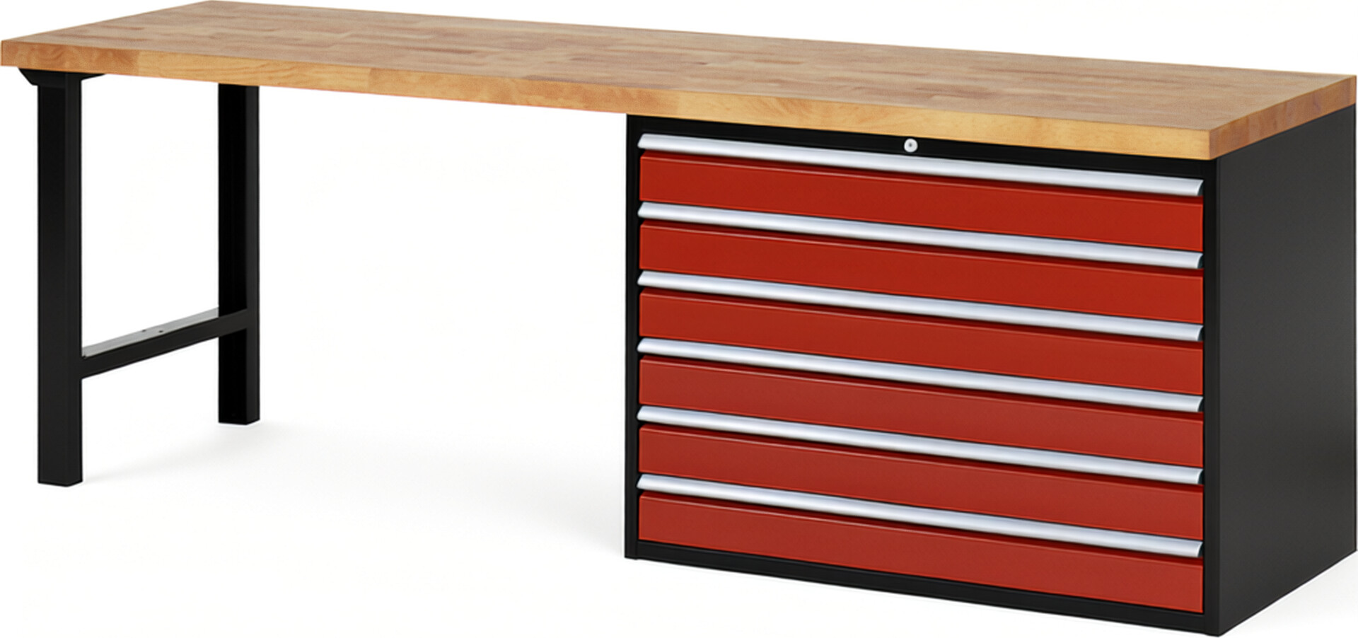 RAU Werkbank schwarz - rot - Breite 250 cm - Tiefe 70 cm - Höhe 89 cm - Buche-Massiv Arbeitsplatte 40 mm