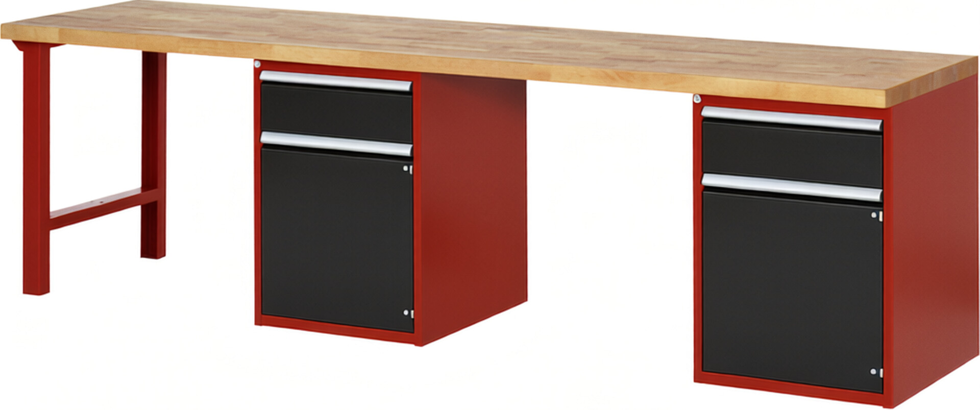 Werkbank Modell 7502 rot - schwarz, BxTxH 3000x700x890 mm,  Buche-Massiv Arbeitsplatte 40 mm,  2 Schubladen mit  Vollauszug 100 % und  SoftClosing