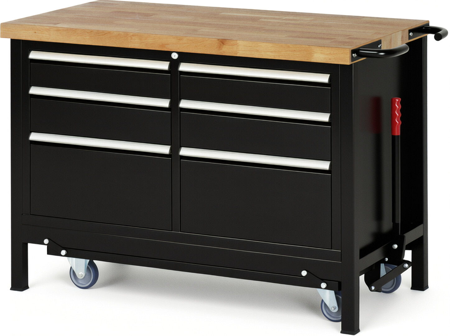 Absenkbare Werkbank Modell 8475 schwarz, BxTxH 1250x700x880 mm,  Buche-Massiv Arbeitsplatte 40 mm,  6 Schubladen mit  Auszug 90 %