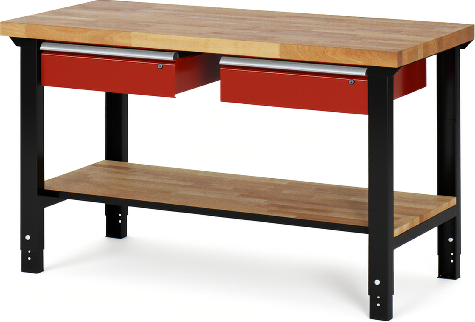 RAU Werkbank schwarz - rot - Breite 150 cm - Tiefe 70 cm - Höhe 114 cm - Buche-Massiv Arbeitsplatte 40 mm