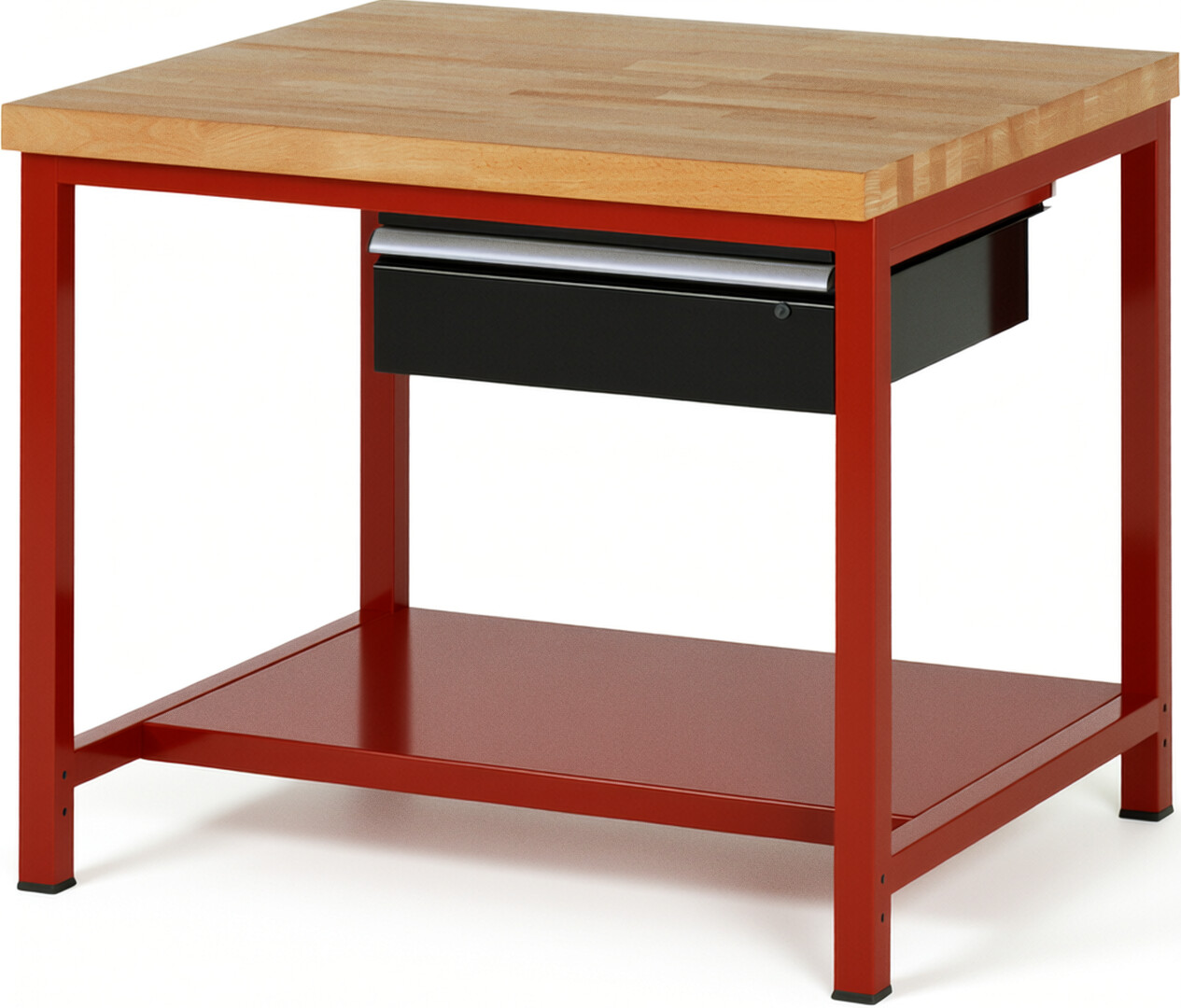 Werkbank Modell 8001 rot - schwarz, BxTxH 1000x900x840 mm,  Buche-Massiv Arbeitsplatte 40 mm,  1 Schublade mit  Auszug 90 %