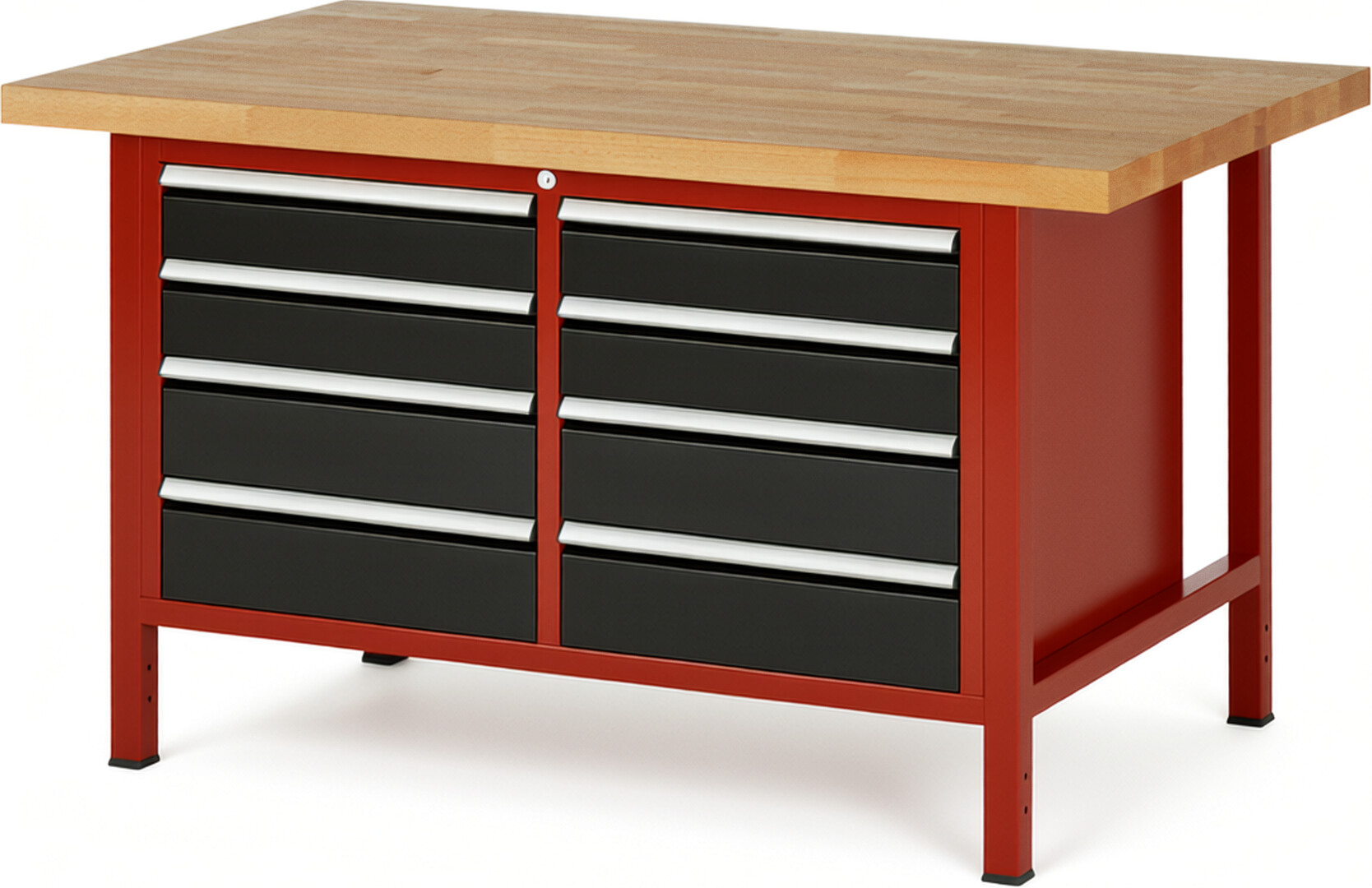 Werkbank Modell 8477 rot - schwarz, BxTxH 1500x900x840 mm,  Buche-Massiv Arbeitsplatte 40 mm,  8 Schubladen mit  Auszug 90 %