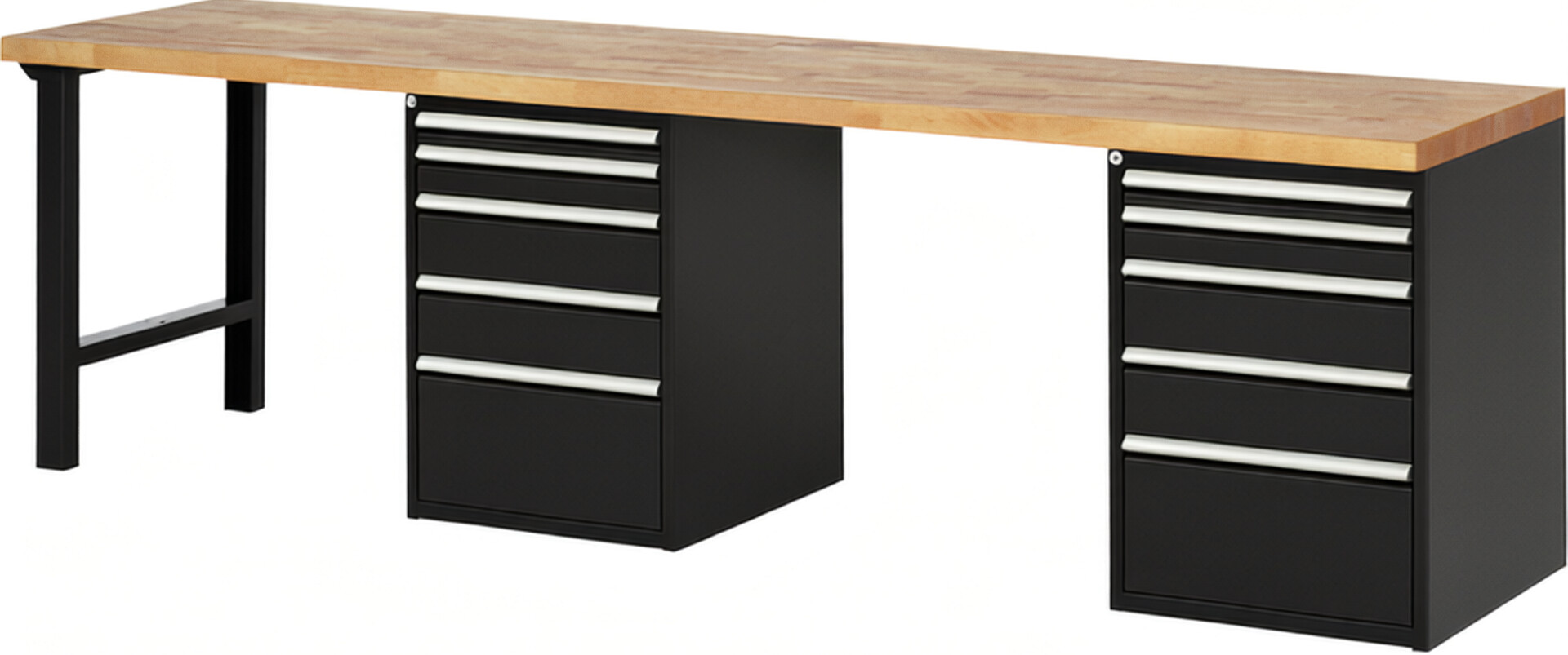 Werkbank Modell 7511 schwarz, BxTxH 3000x700x890 mm,  Buche-Massiv Arbeitsplatte 40 mm,  10 Schubladen mit  Auszug 90 %