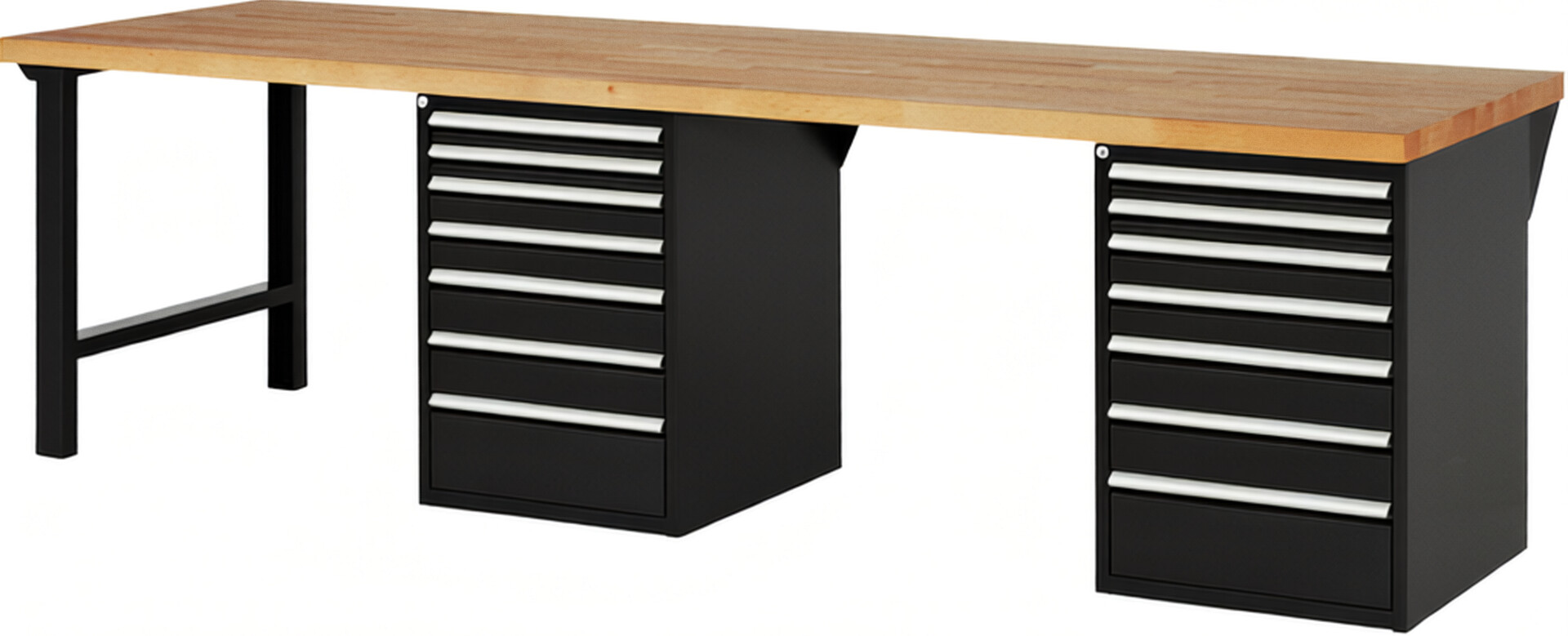 Werkbank Modell 7517 schwarz, BxTxH 3000x900x840 mm,  Buche-Massiv Arbeitsplatte 40 mm,  14 Schubladen mit  Vollauszug 100 % und  SoftClosing