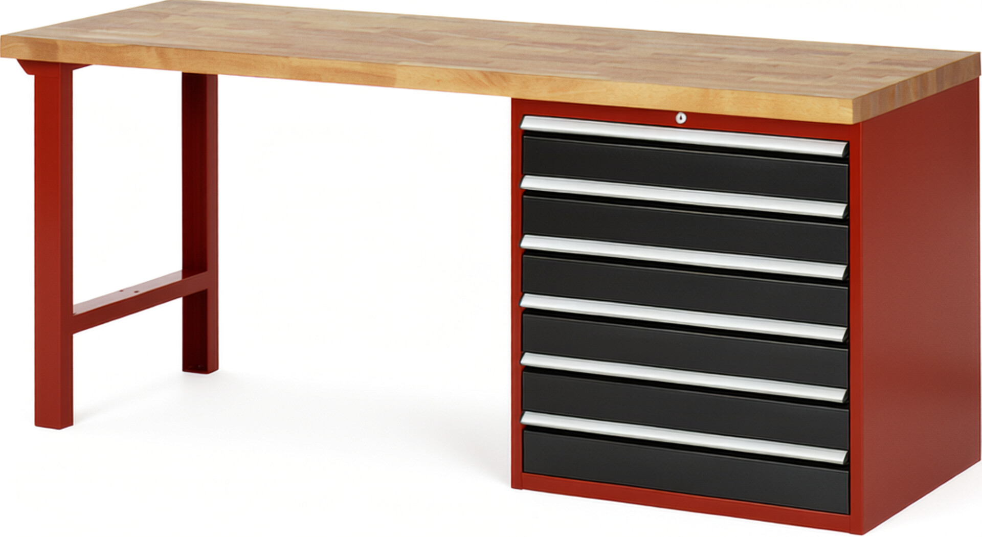 Werkbank Modell 7616 rot - schwarz, BxTxH 2000x700x890 mm,  Buche-Massiv Arbeitsplatte 40 mm,  6 Schubladen mit  Auszug 90 %