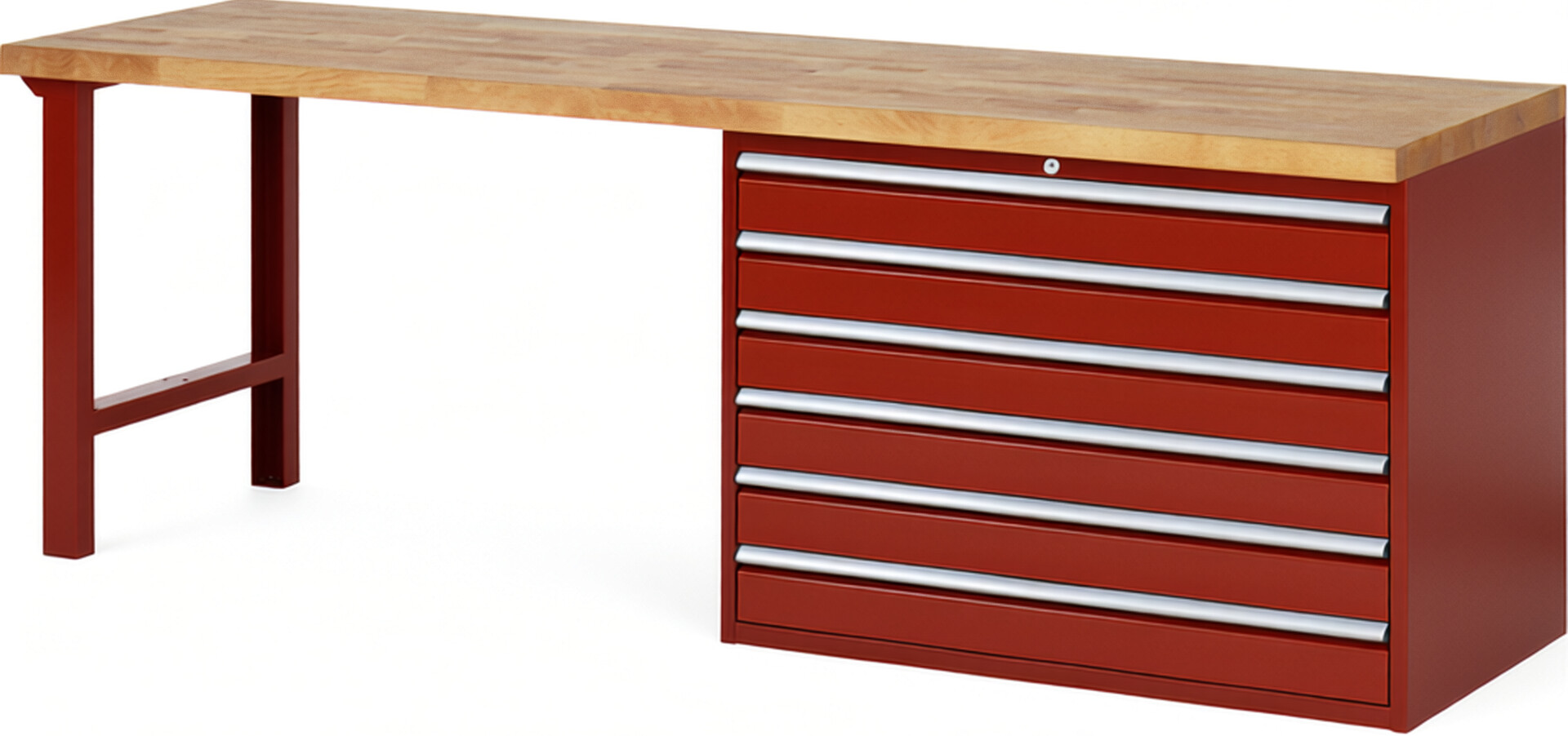 Werkbank Modell 7716 rot, BxTxH 2500x700x840 mm,  Buche-Massiv Arbeitsplatte 40 mm,  6 Schubladen mit  Vollauszug 100 % und  SoftClosing