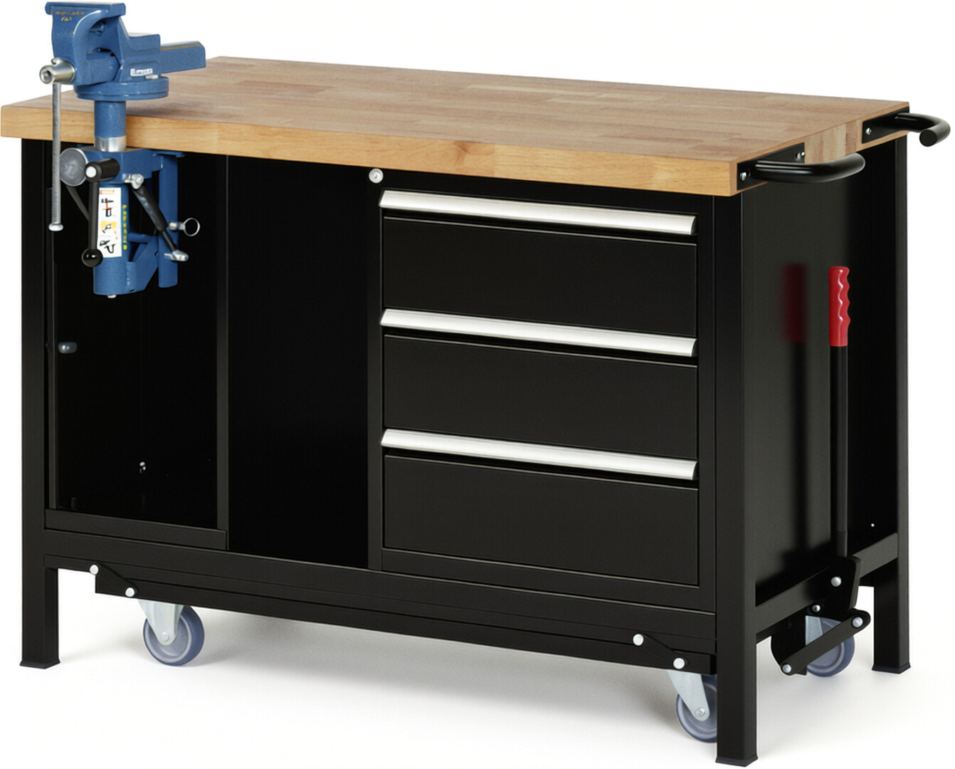 Absenkbare Werkbank Modell 8183 schwarz, BxTxH 1250x700x880 mm,  Buche-Massiv Arbeitsplatte 40 mm,  3 Schubladen mit  Auszug 90 %