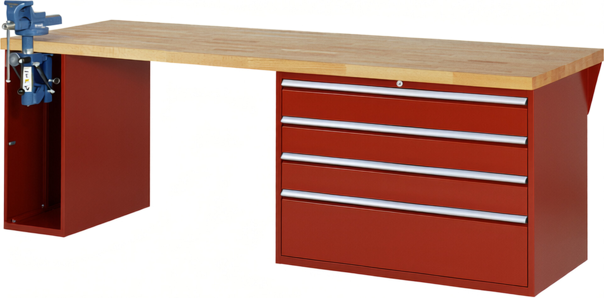 Werkbank Modell 7710 rot, BxTxH 2500x900x840 mm,  Buche-Massiv Arbeitsplatte 40 mm,  4 Schubladen mit  Auszug 90 %