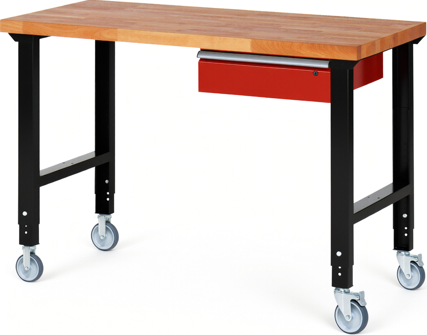 RAU Werkbank schwarz - rot - Breite 150 cm - Tiefe 70 cm - Höhe 100 cm - Buche-Massiv Arbeitsplatte 40 mm