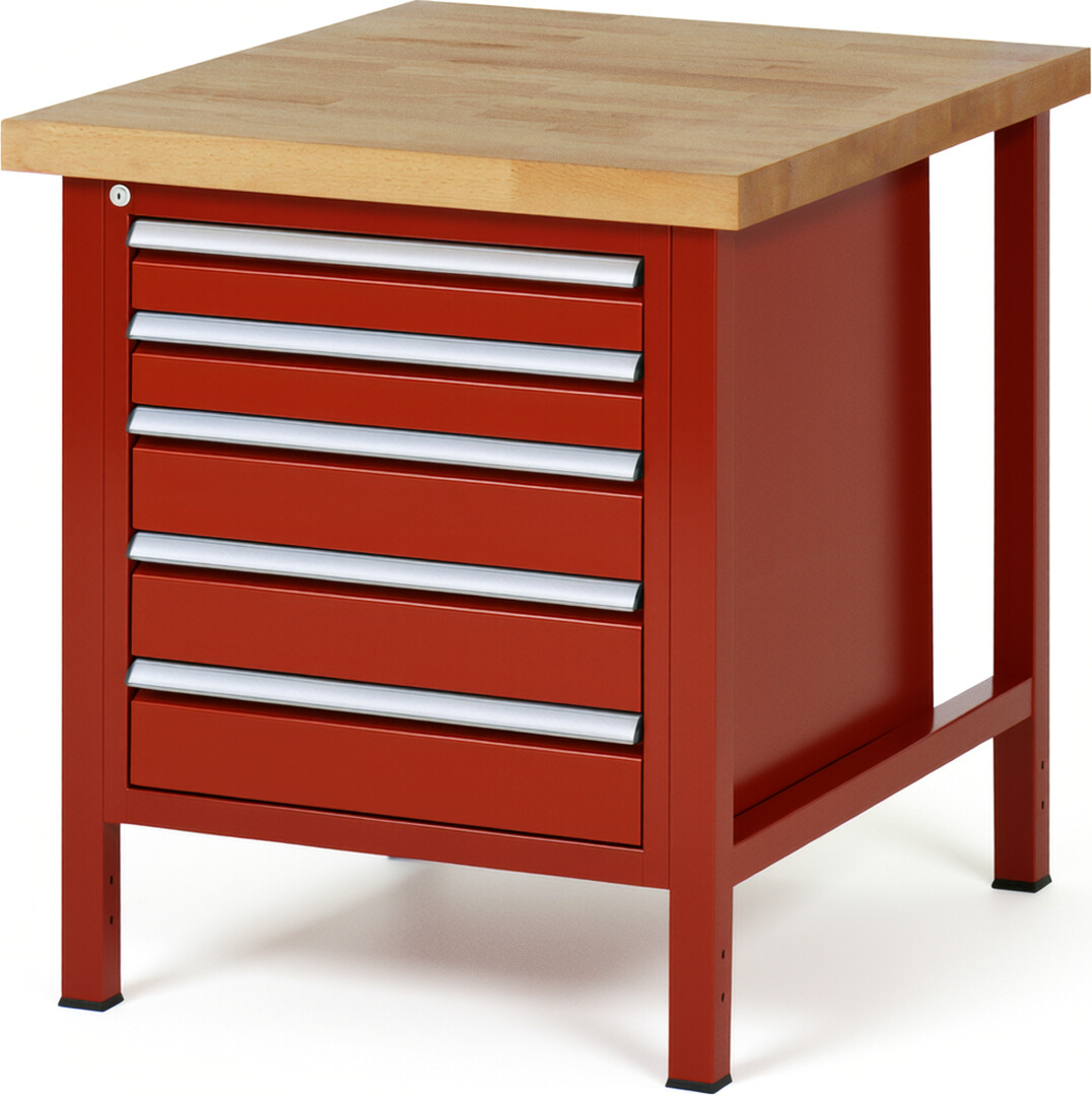 Werkbank Modell 8171 rot, BxTxH 750x900x840-1040 mm,  Buche-Massiv Arbeitsplatte 40 mm,  5 Schubladen mit  Auszug 90 %