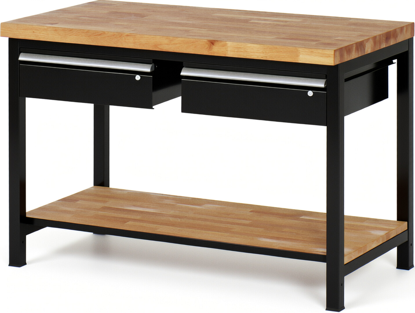 Werkbank Modell 8002 schwarz, BxTxH 1250x700x840-1040 mm,  Buche-Massiv Arbeitsplatte 40 mm,  2 Schubladen mit  Auszug 90 %