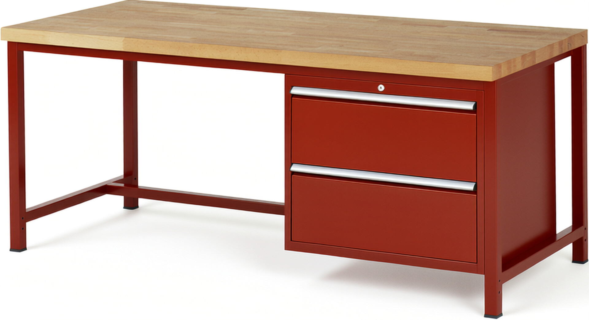 Werkbank Modell 8255 rot, BxTxH 2000x900x840-1040 mm,  Buche-Massiv Arbeitsplatte 40 mm,  2 Schubladen mit  Auszug 90 %