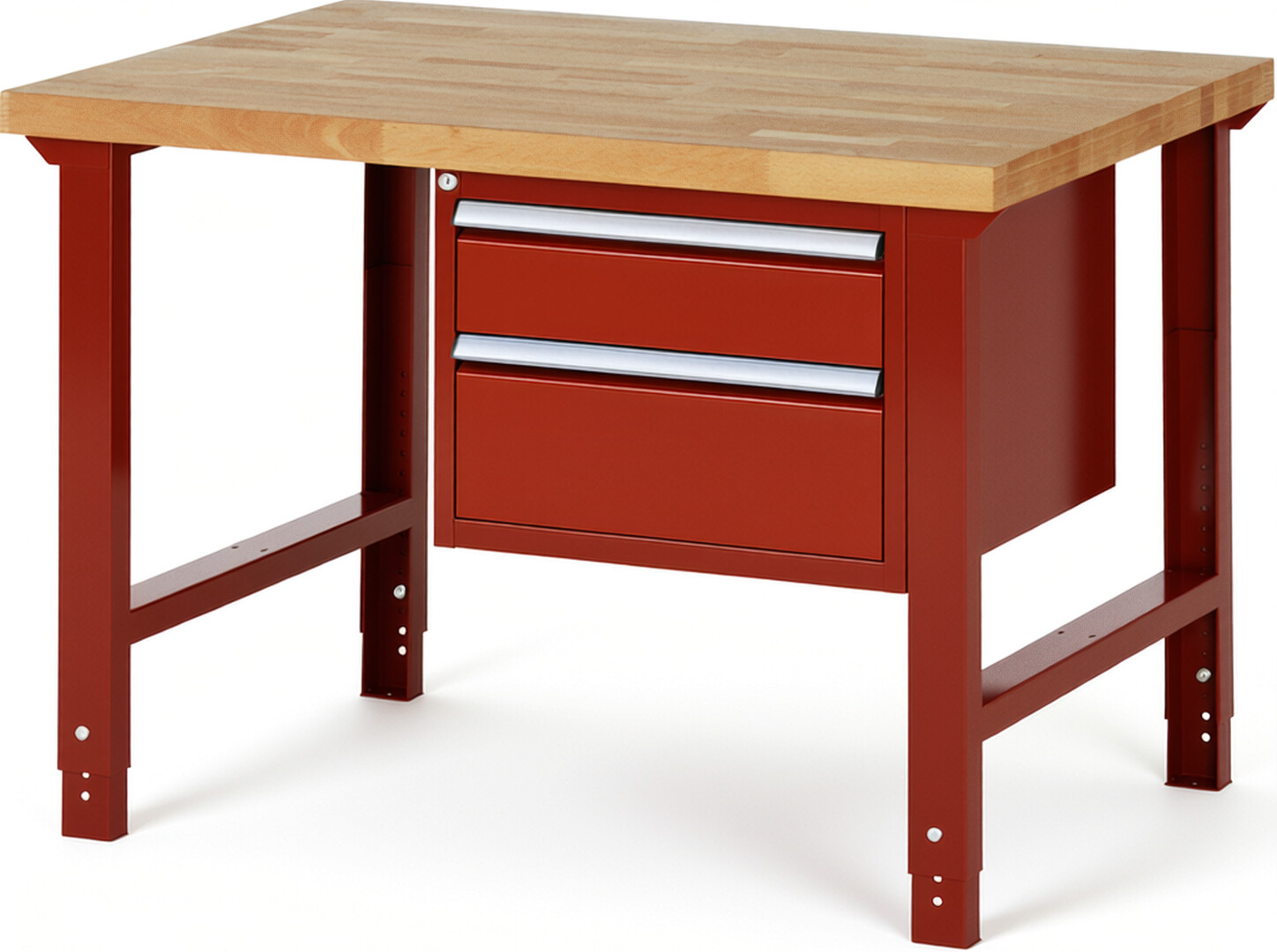 Werkbank Modell 7123 rot, BxTxH 1250x900x790-1140 mm,  Buche-Massiv Arbeitsplatte 40 mm,  2 Schubladen mit  Auszug 90 %