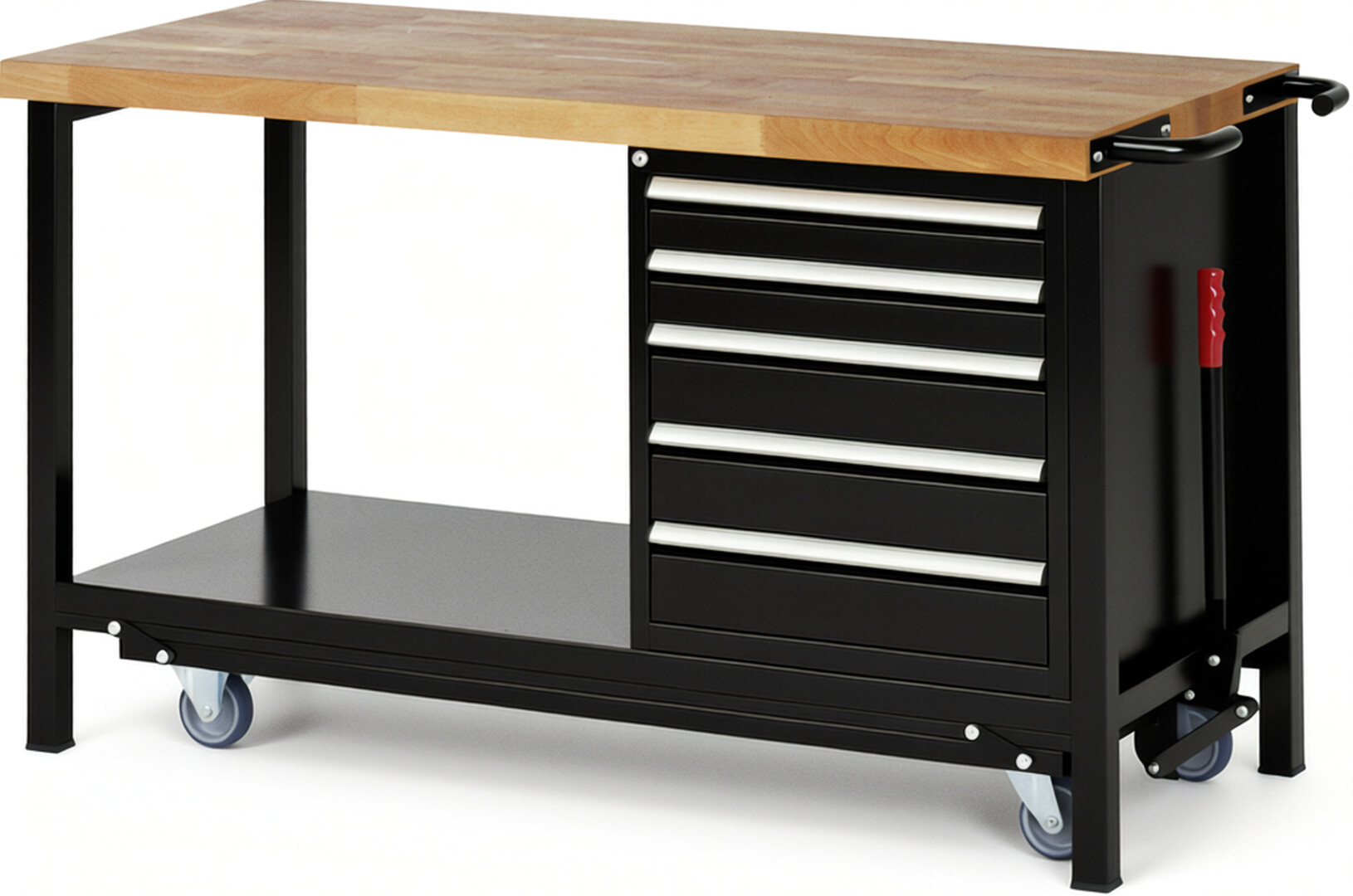 Absenkbare Werkbank Modell 8171 schwarz, BxTxH 1500x700x880 mm,  Buche-Massiv Arbeitsplatte 40 mm,  5 Schubladen mit  Vollauszug 100 % und  SoftClosing