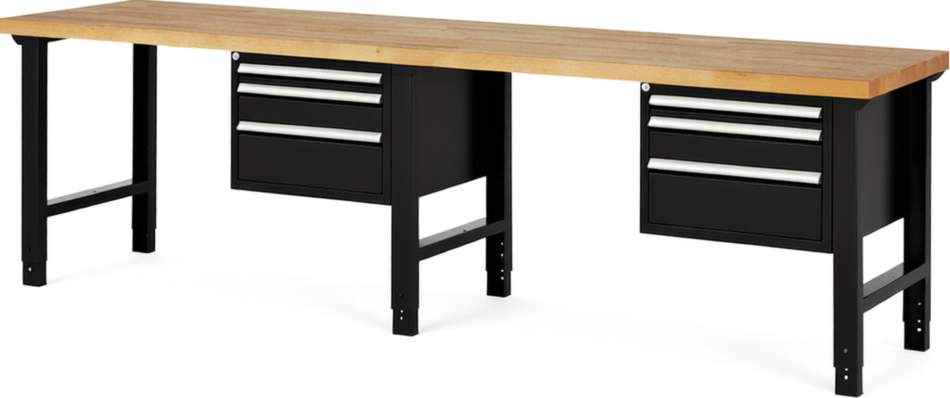 Werkbank Modell 7126 schwarz, BxTxH 3000x700x790-1140 mm,  Buche-Massiv Arbeitsplatte 40 mm,  6 Schubladen mit  Vollauszug 100 % und  SoftClosing