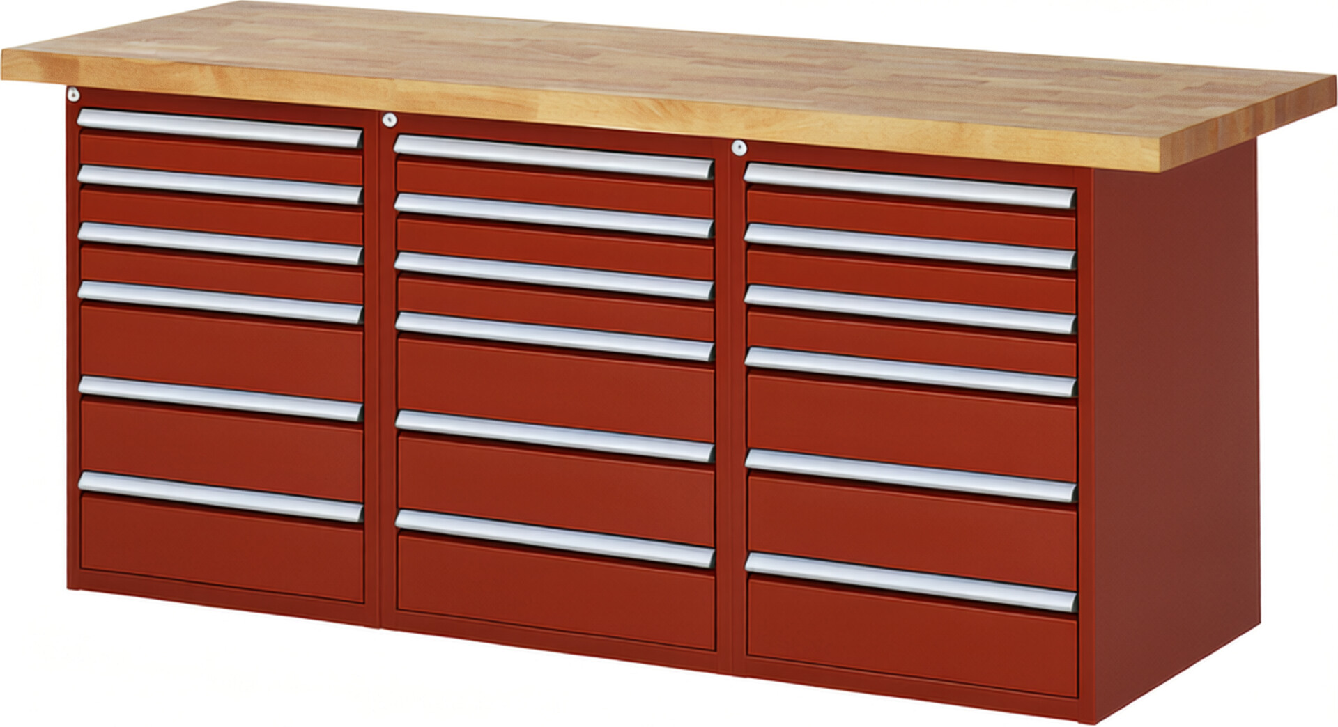 Werkbank Modell 7515 rot, BxTxH 2000x700x890 mm,  Buche-Massiv Arbeitsplatte 40 mm,  18 Schubladen mit  Auszug 90 %