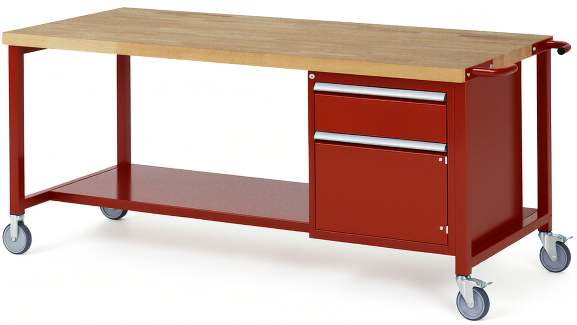 Fahrbare Werkbank Modell 8152 rot, BxTxH 2000x900x880 mm,  Buche-Massiv Arbeitsplatte 40 mm,  1 Schublade mit  Auszug 90 %