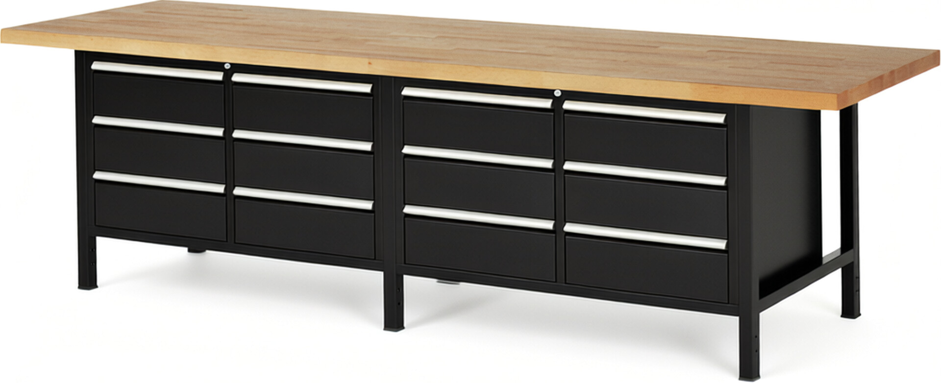 Werkbank Modell 8473 schwarz, BxTxH 3000x900x840 mm,  Buche-Massiv Arbeitsplatte 40 mm,  12 Schubladen mit  Vollauszug 100 % und  SoftClosing