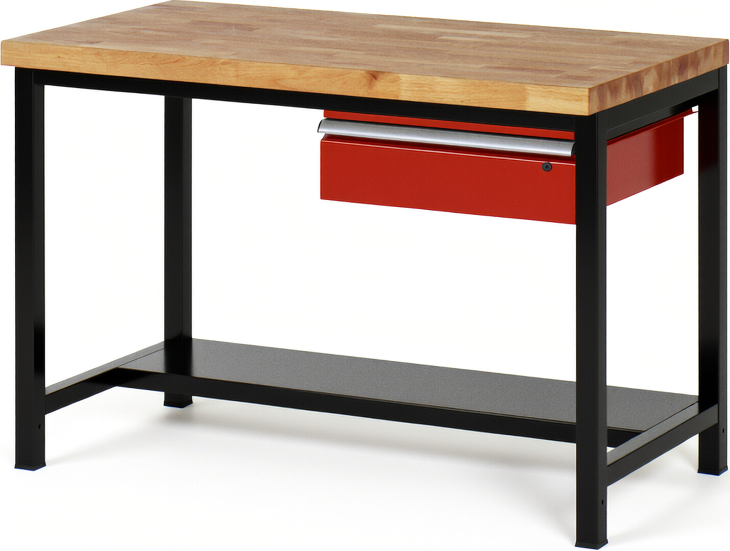 RAU Werkbank schwarz - rot - Breite 125 cm - Tiefe 90 cm - Höhe 104 cm - Buche-Massiv Arbeitsplatte 40 mm