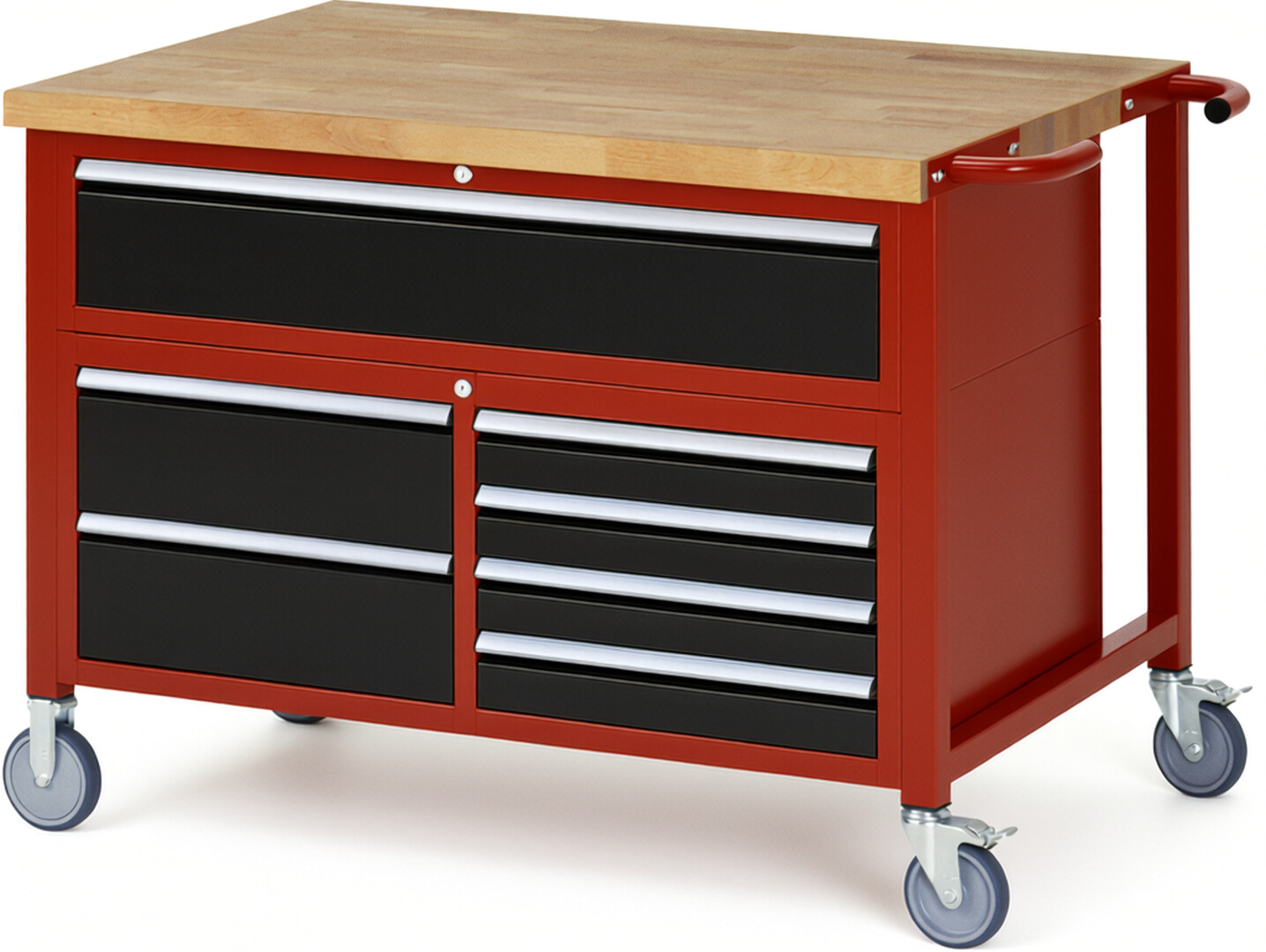 Fahrbare Werkbank Modell 8921 rot - schwarz, BxTxH 1250x900x920-1080 mm,  Buche-Massiv Arbeitsplatte 40 mm,  7 Schubladen mit  Vollauszug 100 % und  SoftClosing