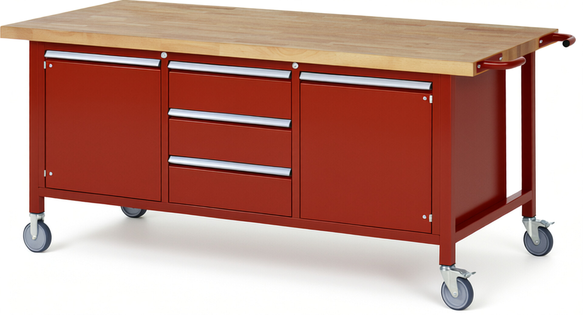 Fahrbare Werkbank Modell 8569 rot, BxTxH 2000x900x880 mm,  Buche-Massiv Arbeitsplatte 40 mm,  3 Schubladen mit  Auszug 90 %