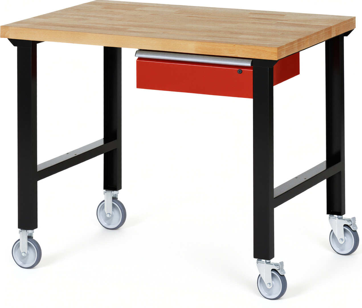 RAU Werkbank schwarz - rot - Breite 125 cm - Tiefe 90 cm - Höhe 100 cm - Buche-Massiv Arbeitsplatte 40 mm