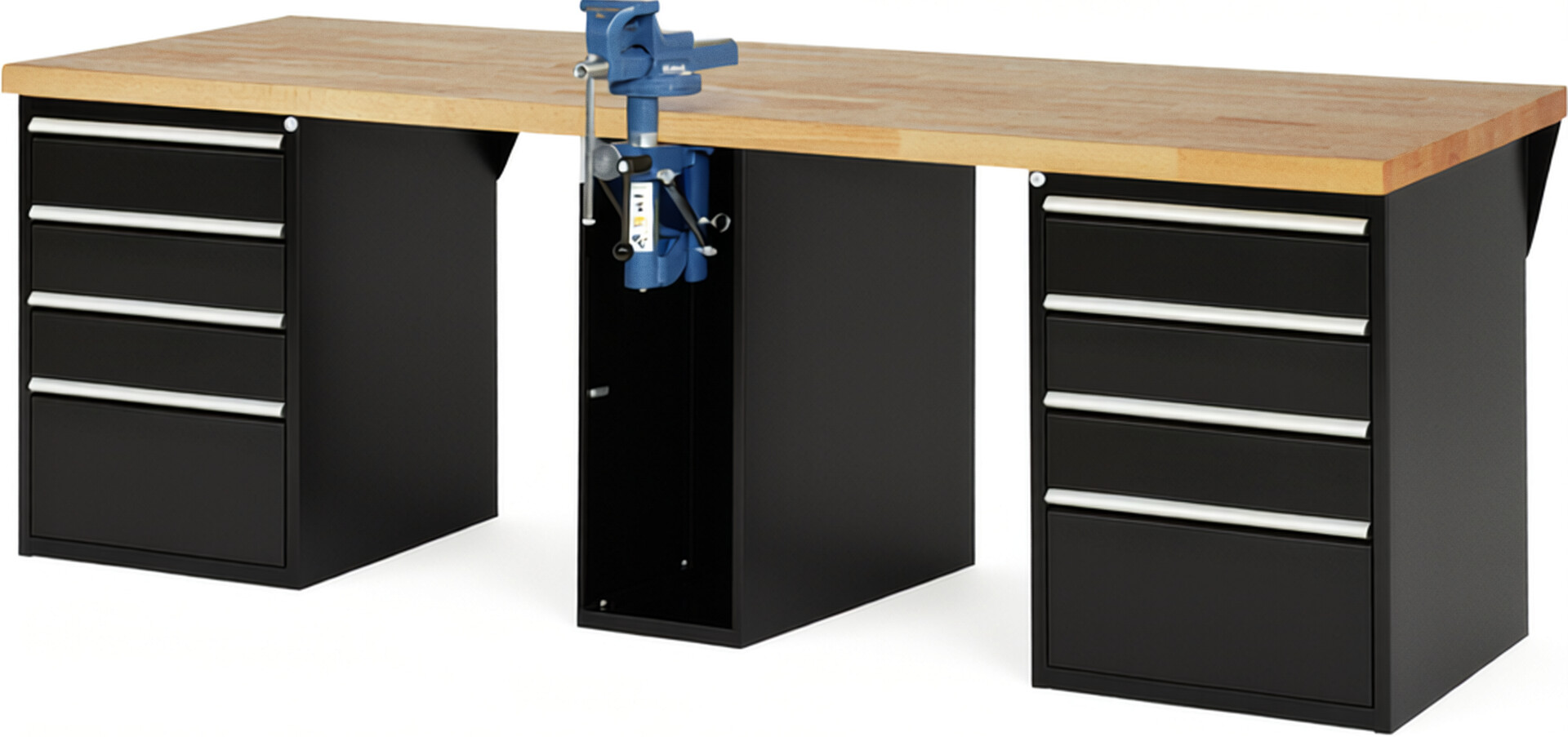 Werkbank Modell 7510 schwarz, BxTxH 2500x900x840 mm,  Buche-Massiv Arbeitsplatte 40 mm,  8 Schubladen mit  Auszug 90 %