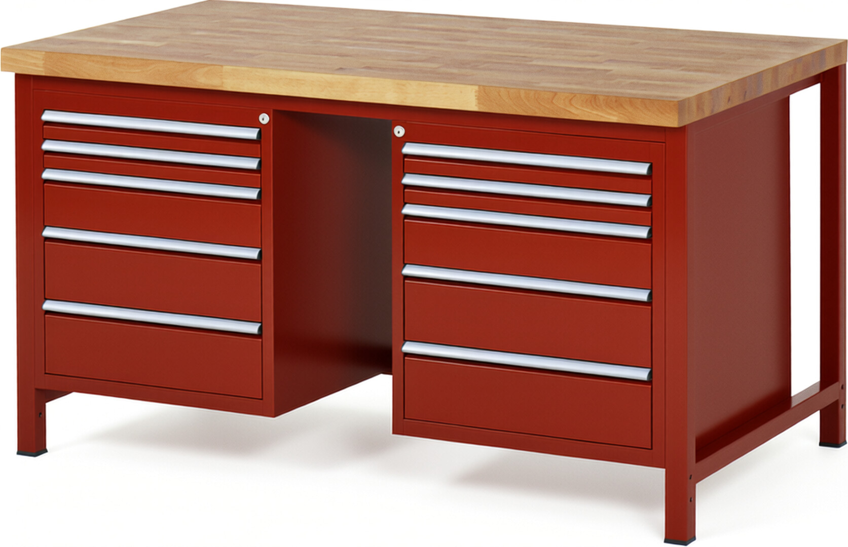Werkbank Modell 8184 rot, BxTxH 1500x900x840-1040 mm,  Buche-Massiv Arbeitsplatte 40 mm,  10 Schubladen mit  Vollauszug 100 % und  SoftClosing