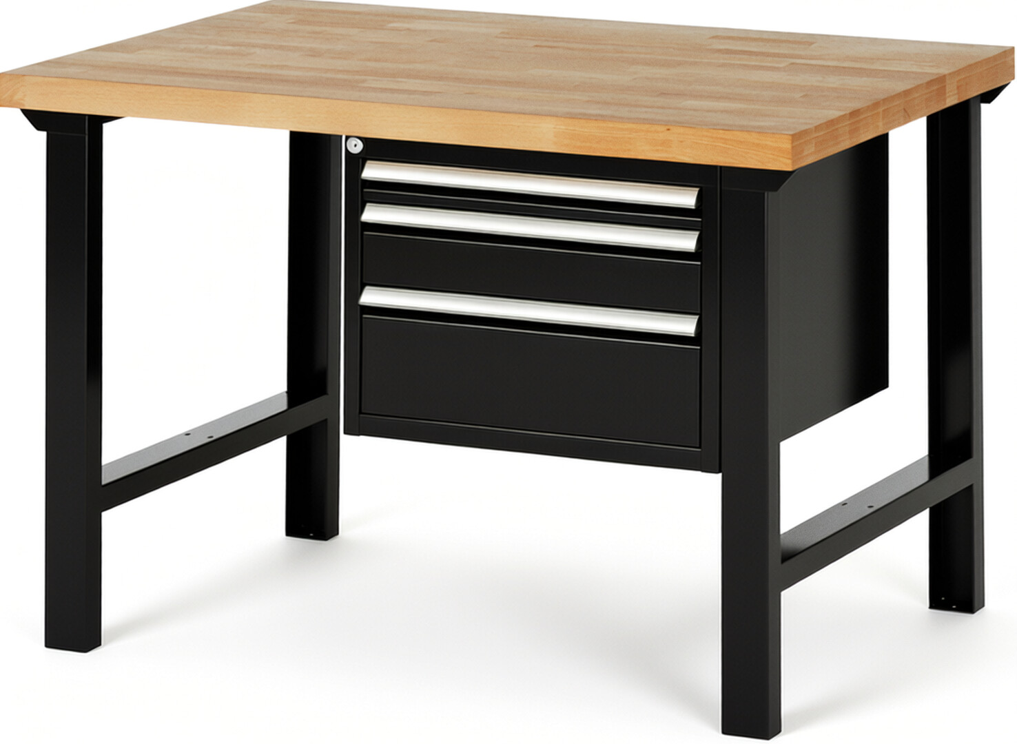 Werkbank Modell 7126 schwarz, BxTxH 1250x900x840 mm,  Buche-Massiv Arbeitsplatte 40 mm,  3 Schubladen mit  Vollauszug 100 % und  SoftClosing