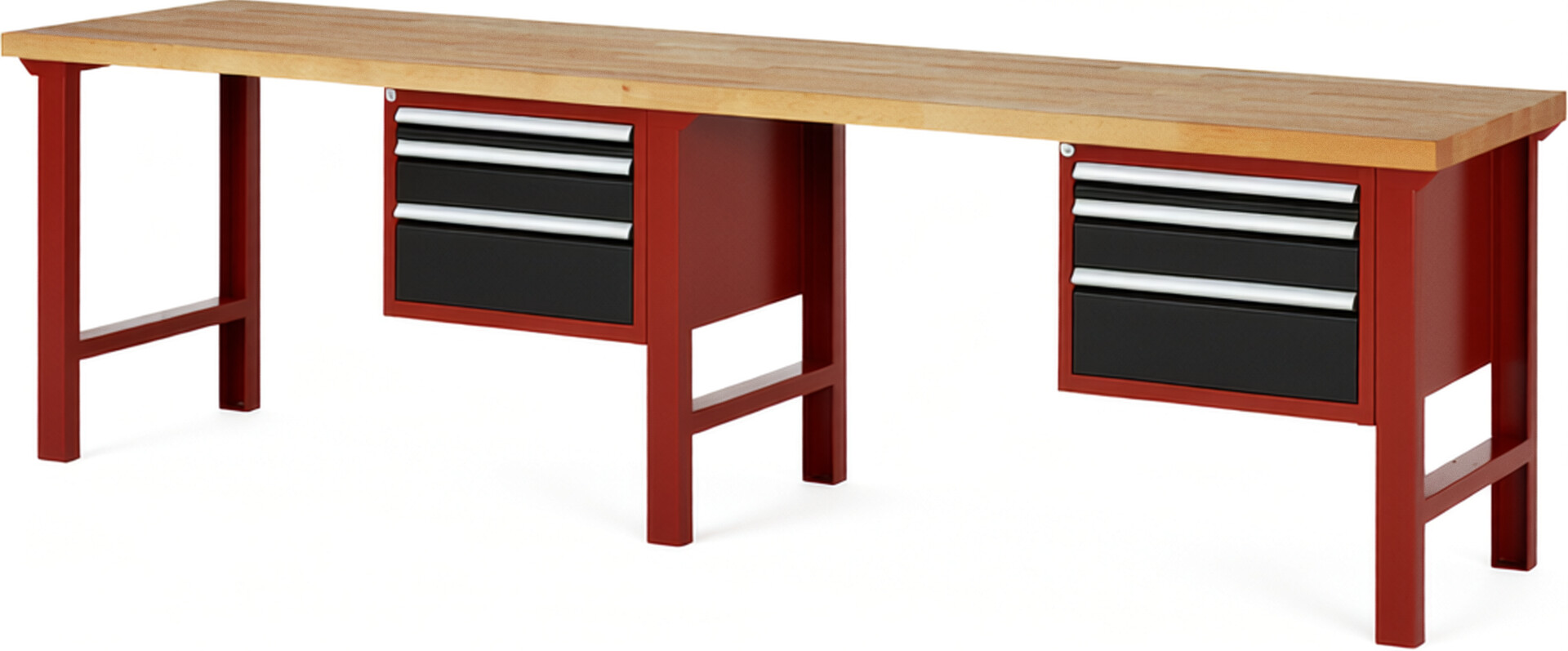 Werkbank Modell 7126 rot - schwarz, BxTxH 3000x700x840 mm,  Buche-Massiv Arbeitsplatte 40 mm,  6 Schubladen mit  Auszug 90 %