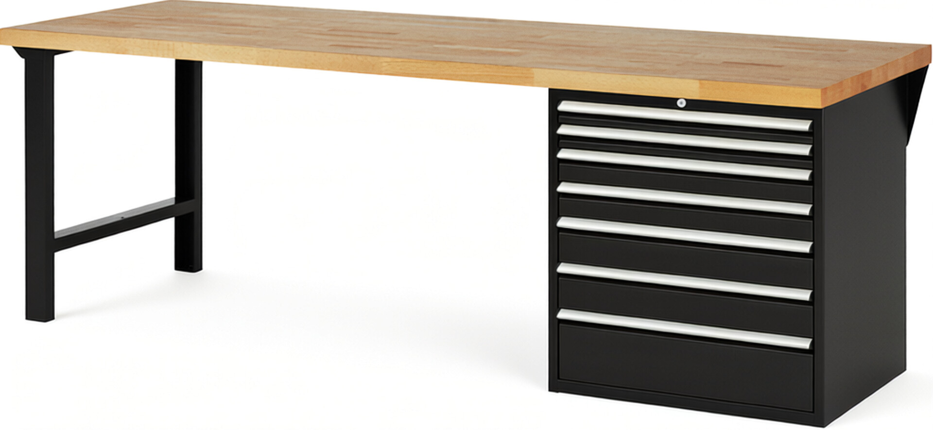 Werkbank Modell 7617 schwarz, BxTxH 2500x900x890 mm,  Buche-Massiv Arbeitsplatte 40 mm,  7 Schubladen mit  Vollauszug 100 % und  SoftClosing