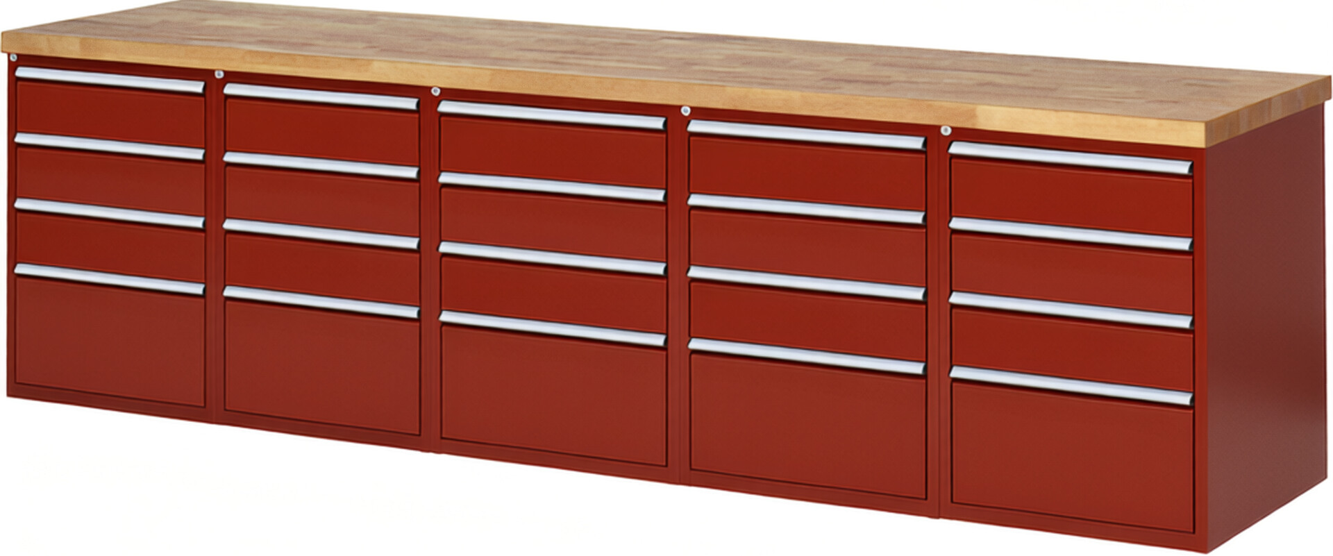 Werkbank Modell 7510 rot, BxTxH 3000x700x890 mm,  Buche-Massiv Arbeitsplatte 40 mm,  20 Schubladen mit  Vollauszug 100 % und  SoftClosing